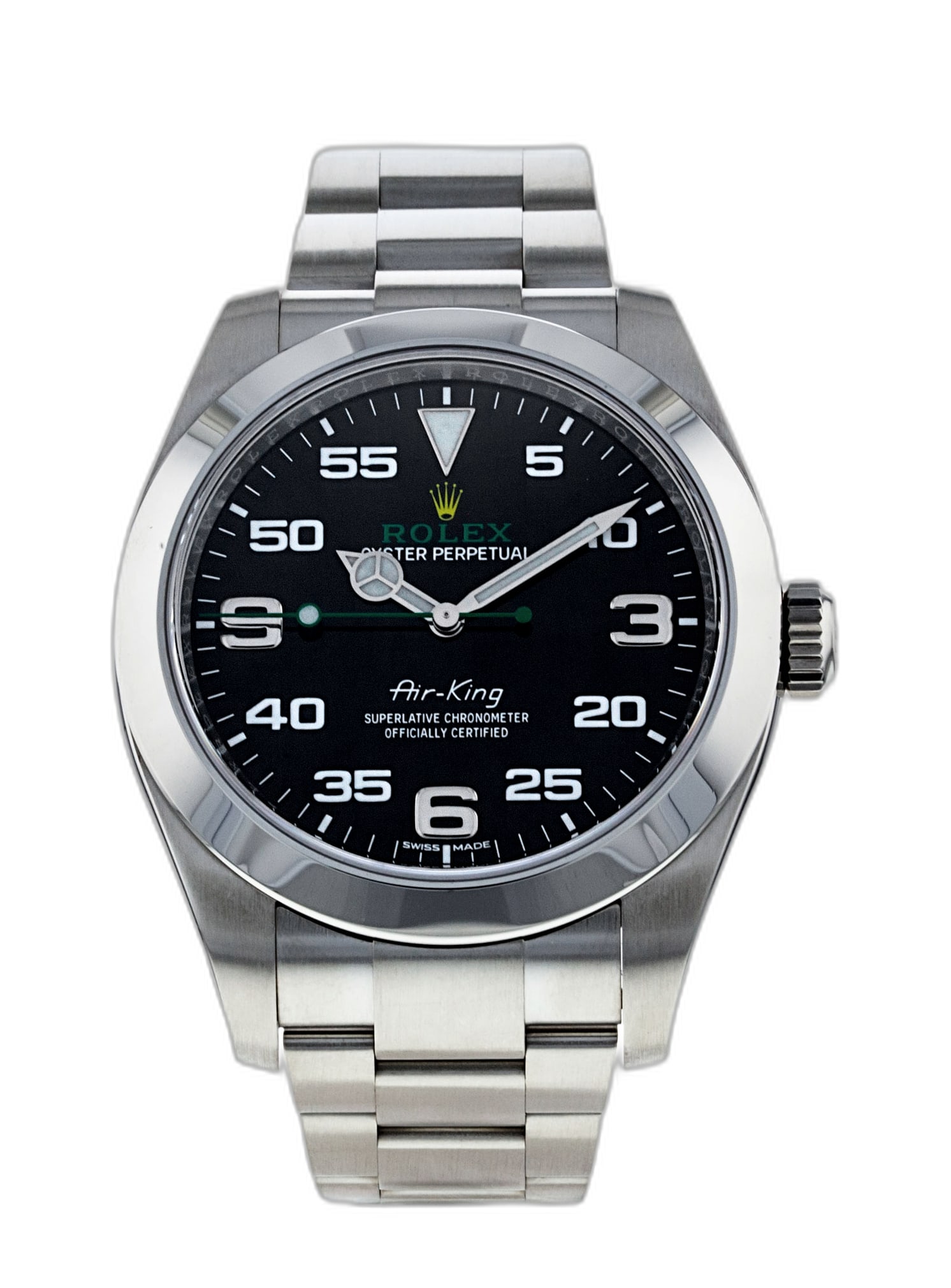 2019 Rolex Airking 116900 Mens Black Dial Oyster Bracelet White Card: 2019 Rolex Airking 116900 Mens Black Dial Oyster Bracelet White Card This Rolex Airking features a black dial and a smooth bezel, complemented by an Oyster bracelet. It is a men's watch, reference num