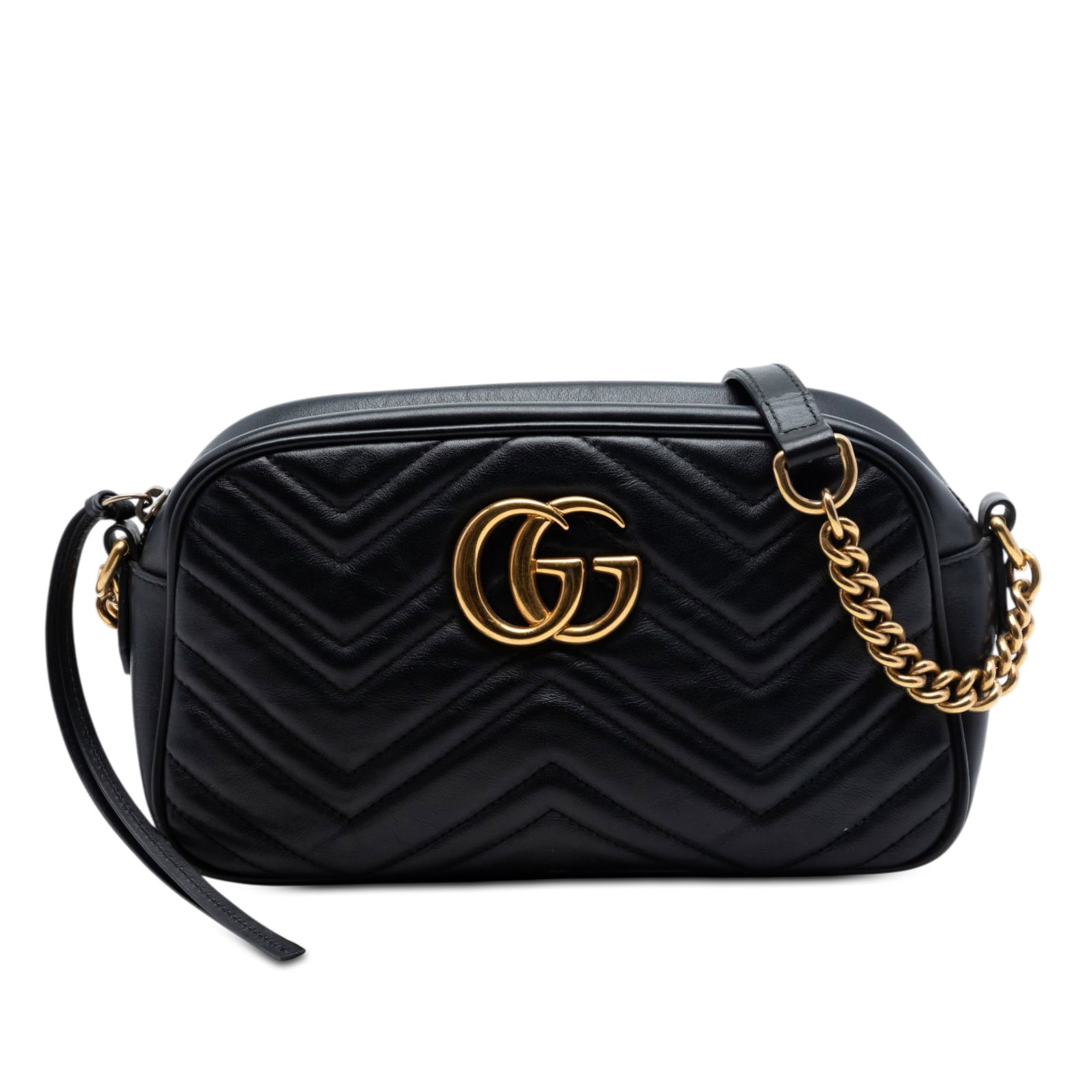 Gucci GG Marmont Small Matelasse Leather Crossbody Bag: Gucci GG Marmont Small Matelasse Leather Crossbody Bag Black Gucci Small GG Marmont Matelasse Calfskin Crossbody bag from Italy, featuring a quilted leather body, curb chain and leather strap, top zip