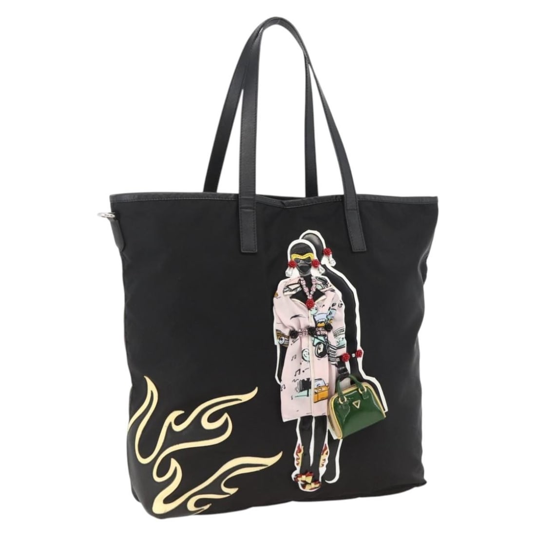 PRADA nylon tote handbag in black with silver accents: PRADA nylon tote handbag in black with silver accents Authentic Prada tote bag in black nylon with silver-tone accents. This women's bag is made in Italy and features a structured tote silhouette with