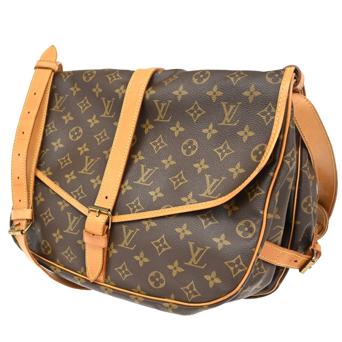 Brown Canvas Handbag Louis Vuitton Saumur: Brown Canvas Handbag Louis Vuitton Saumur Louis Vuitton Saumur handbag crafted in signature brown monogram canvas designed for women. The bag features a flap belt leather detail and a spacious interio