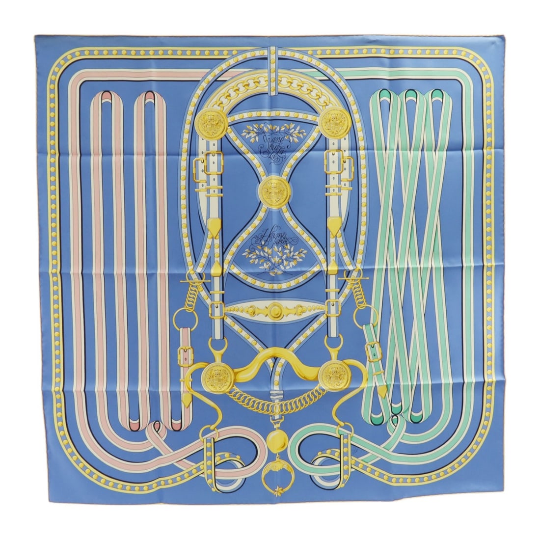 Hermes Silk Scarf 90x90cm Blue Gold Pink Multicolor: Hermes Silk Scarf 90x90cm Blue Gold Pink Multicolor Hermes silk scarf in a blue, gold, pink, and multicolor design. It is a women's regular-size scarf made in France and comes with a storage box. Cond