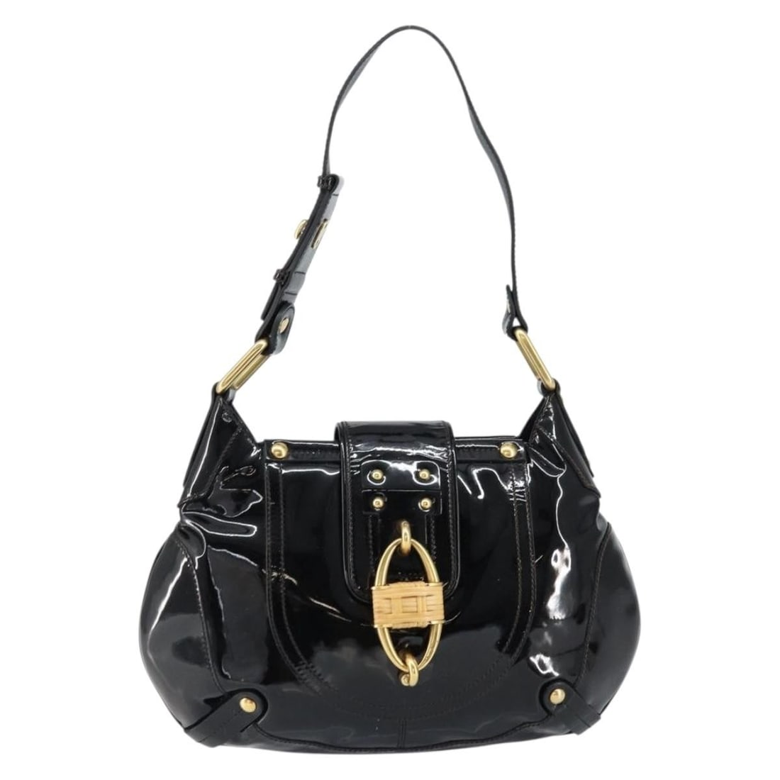 Gancini Tote Bag in Black Patent Leather by Salvatore Ferragamo: Gancini Tote Bag in Black Patent Leather by Salvatore Ferragamo This Salvatore Ferragamo Gancini Tote is crafted from black patent leather and is designed for women. The tote is pre-owned and shows si