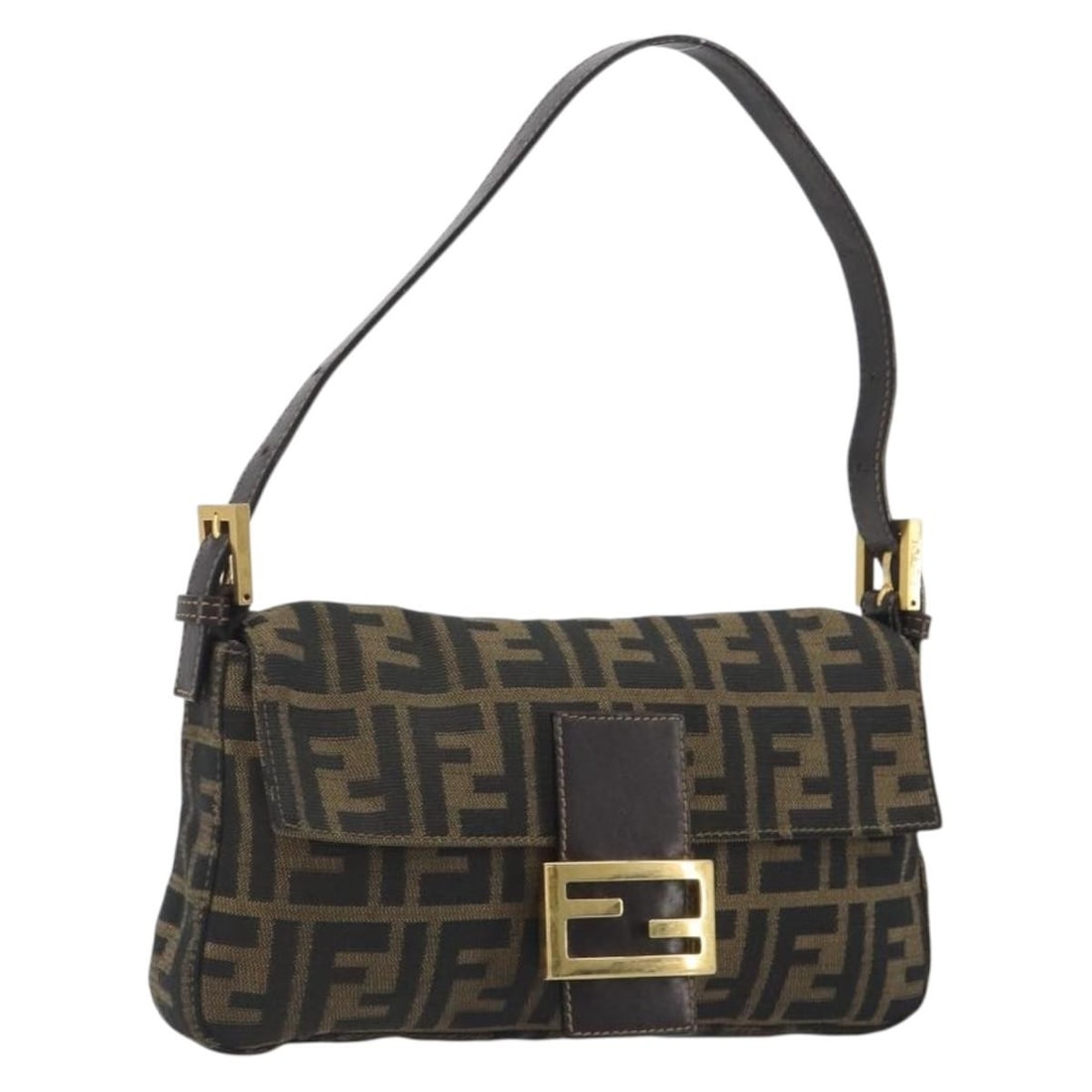 FENDI Mamma Baguette Shoulder Bag Zucca Canvas Brown Black: FENDI Mamma Baguette Shoulder Bag Zucca Canvas Brown Black Authentic Fendi Mamma Baguette shoulder bag in brown and black Zucca canvas. This women's shoulder bag is made in Italy and features a compac