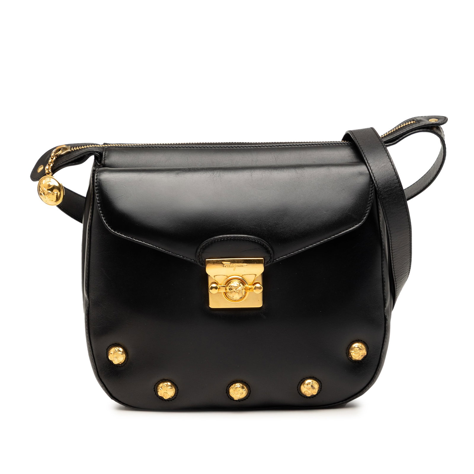 Ferragamo black leather studded crossbody bag with flap pocket: Ferragamo black leather studded crossbody bag with flap pocket Ferragamo studded leather crossbody bag from Italy, crafted in black leather. It features a studded leather body, an adjustable flat leat