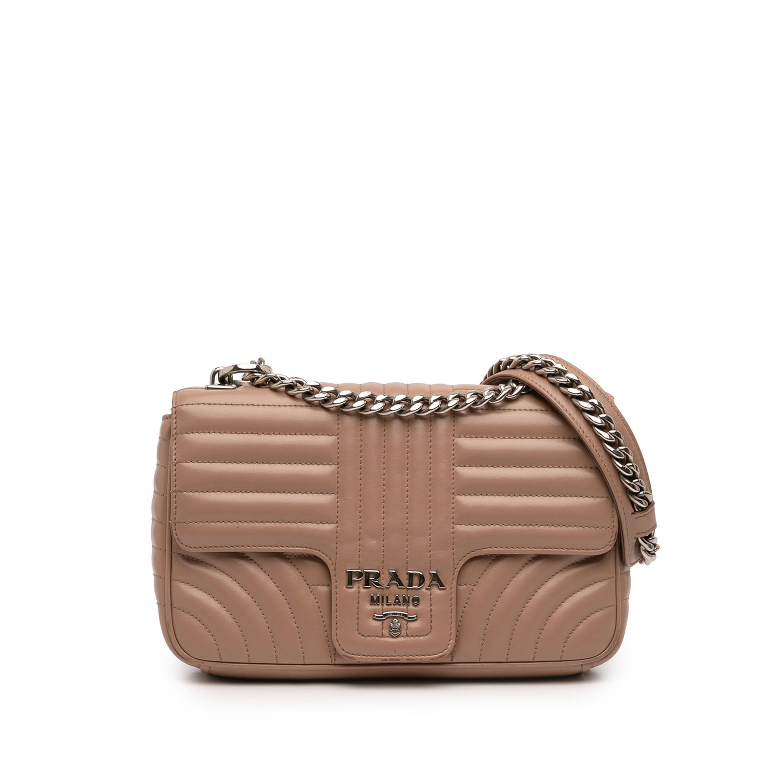 Prada Diagramme Medium Soft Calf Leather Crossbody Bag: Prada Diagramme Medium Soft Calf Leather Crossbody Bag Prada Medium Soft Calf Impunture Diagramme bag in beige leather with a quilted body and curb chain shoulder strap. The design features a front fl