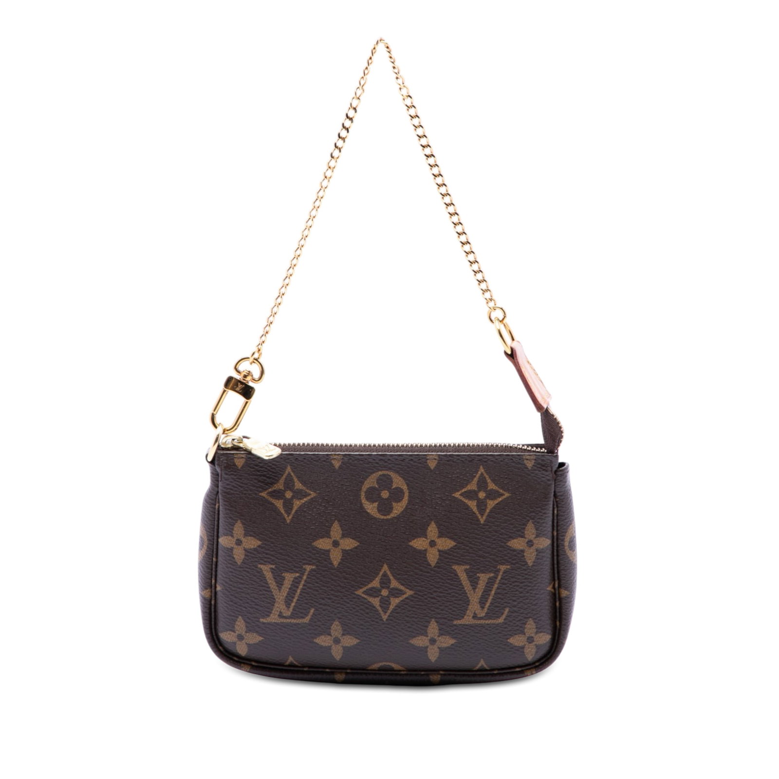 Louis Vuitton Monogram Canvas Mini Pochette Zip Bag: Louis Vuitton Monogram Canvas Mini Pochette Zip Bag Louis Vuitton Monogram Mini Pochette Accessoires in brown monogram canvas with a gold-tone chain strap and top zip closure. Made in France. Conditio