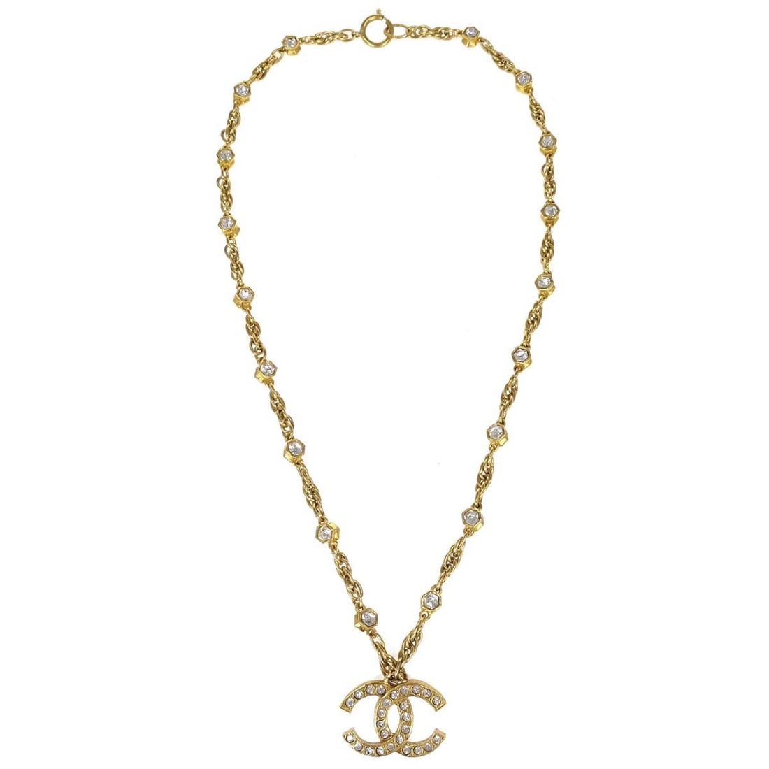 CHANEL CC Gold Plated Chain Pendant Necklace Rhinestone: CHANEL CC Gold Plated Chain Pendant Necklace Rhinestone Vintage Chanel pendant necklace with a chain style and CC pendant design. It is gold-plated and made in France. Condition is noted as AB, very g