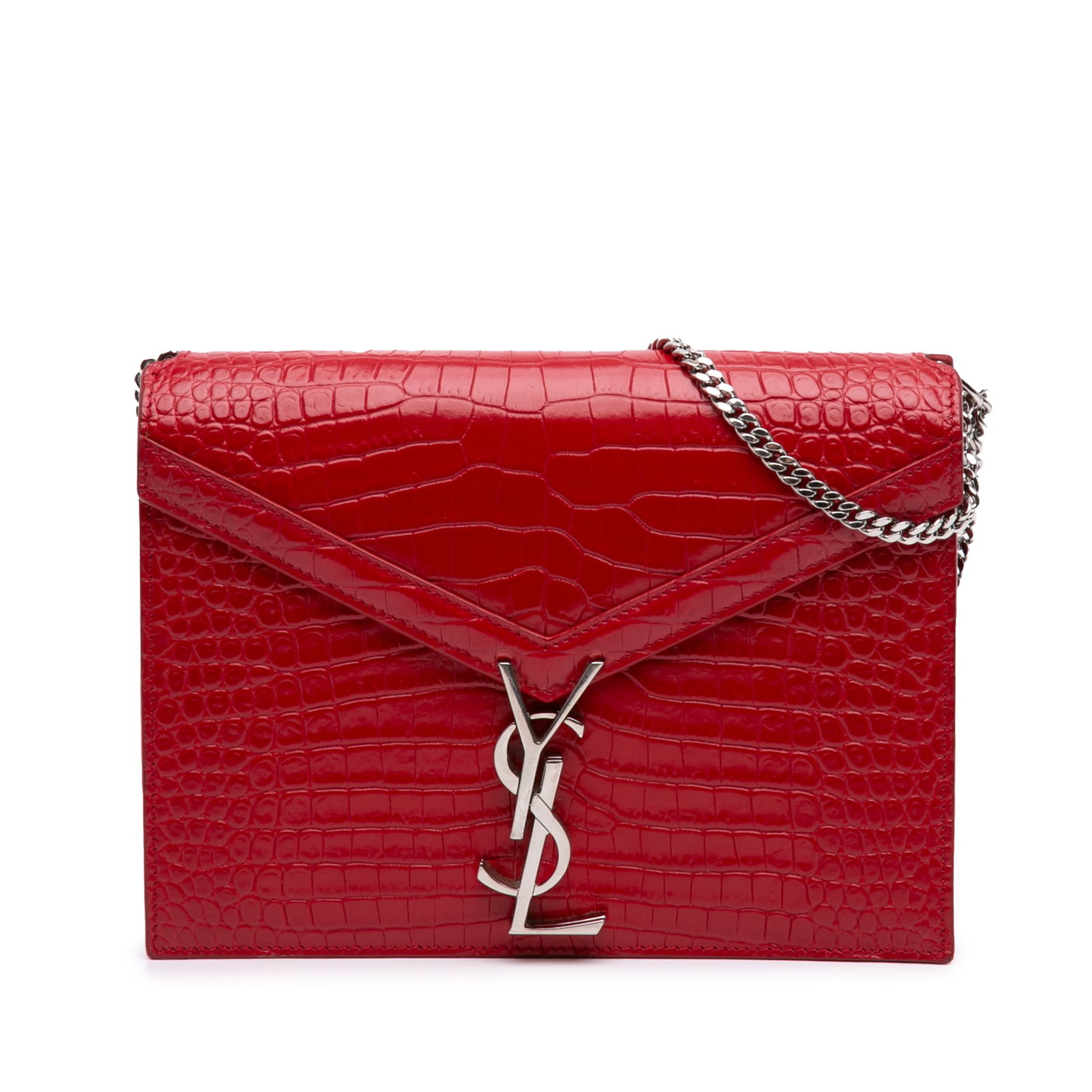 Saint Laurent Cassandra Monogram Shoulder Bag in Red Croc Embossed Leather: Saint Laurent Cassandra Monogram Shoulder Bag in Red Croc Embossed Leather Saint Laurent Cassandra clasp bag in red croc-embossed leather with the signature Monogram YSL logo on the front flap. The ba