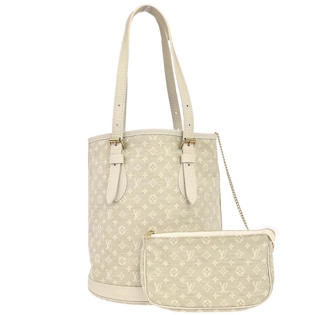Louis Vuitton Bucket PM Monogram Mini Lin Tote with Pouch M95316: Louis Vuitton Bucket PM Monogram Mini Lin Tote with Pouch M95316 Louis Vuitton Monogram Mini Lin Bucket PM Tote Handbag in off-white Dune color, made in France. It features a monogram mini lin canvas 