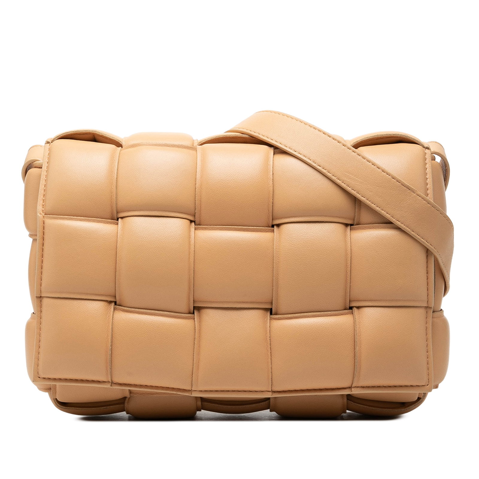 Bottega Veneta Padded Cassette Crossbody in Brown Nappa Leather: Bottega Veneta Padded Cassette Crossbody in Brown Nappa Leather Bottega Veneta Padded Cassette crossbody bag crafted in woven nappa leather with the signature Intrecciato design. This crossbody featur