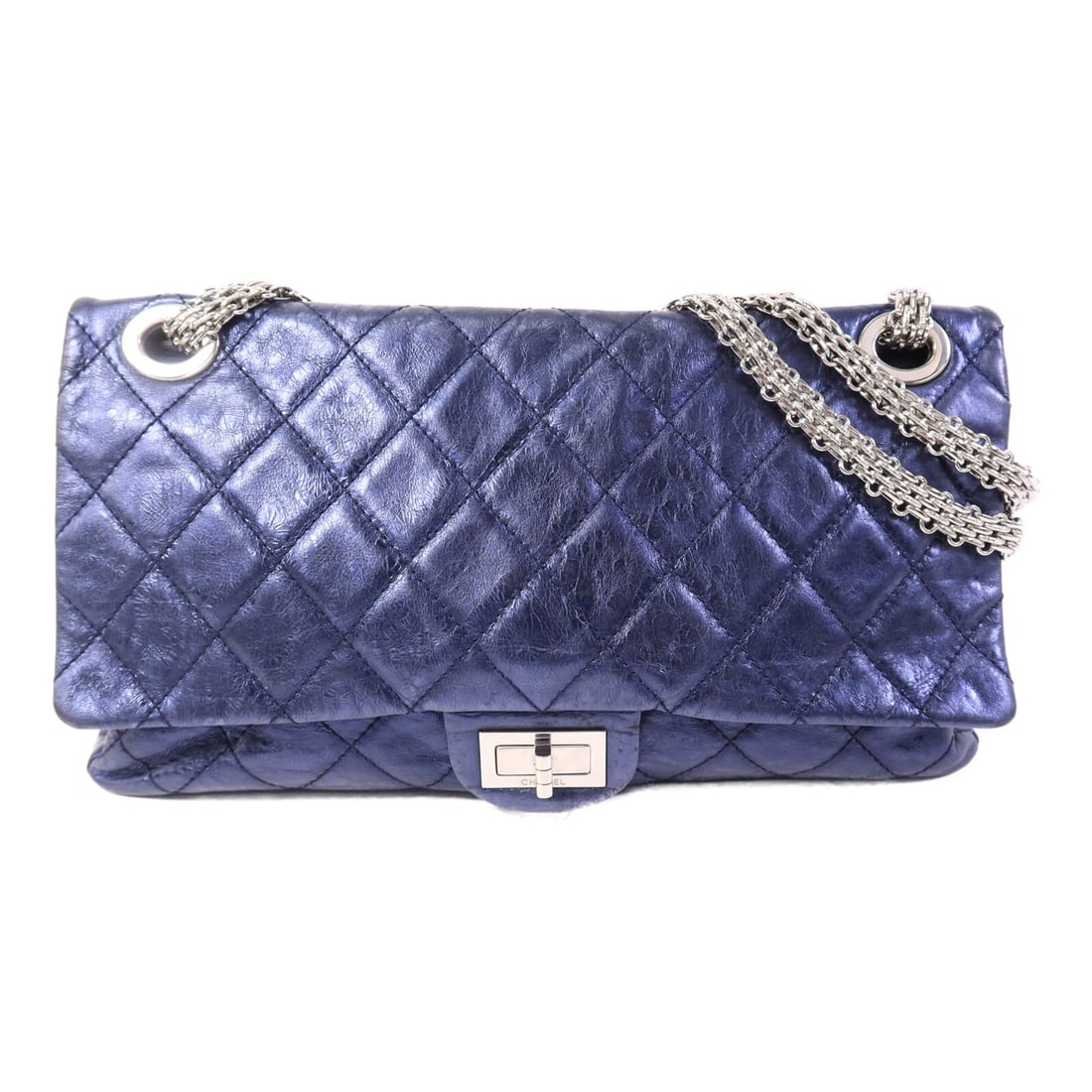 CHANEL 2.55 CC Shoulder Bag Blue Navy Calfskin SHW: CHANEL 2.55 CC Shoulder Bag Blue Navy Calfskin SHW CHANEL 2.55 chain shoulder bag in calfskin leather with a blue and navy colorway. This women's shoulder bag features a turn-lock closure, interior zi