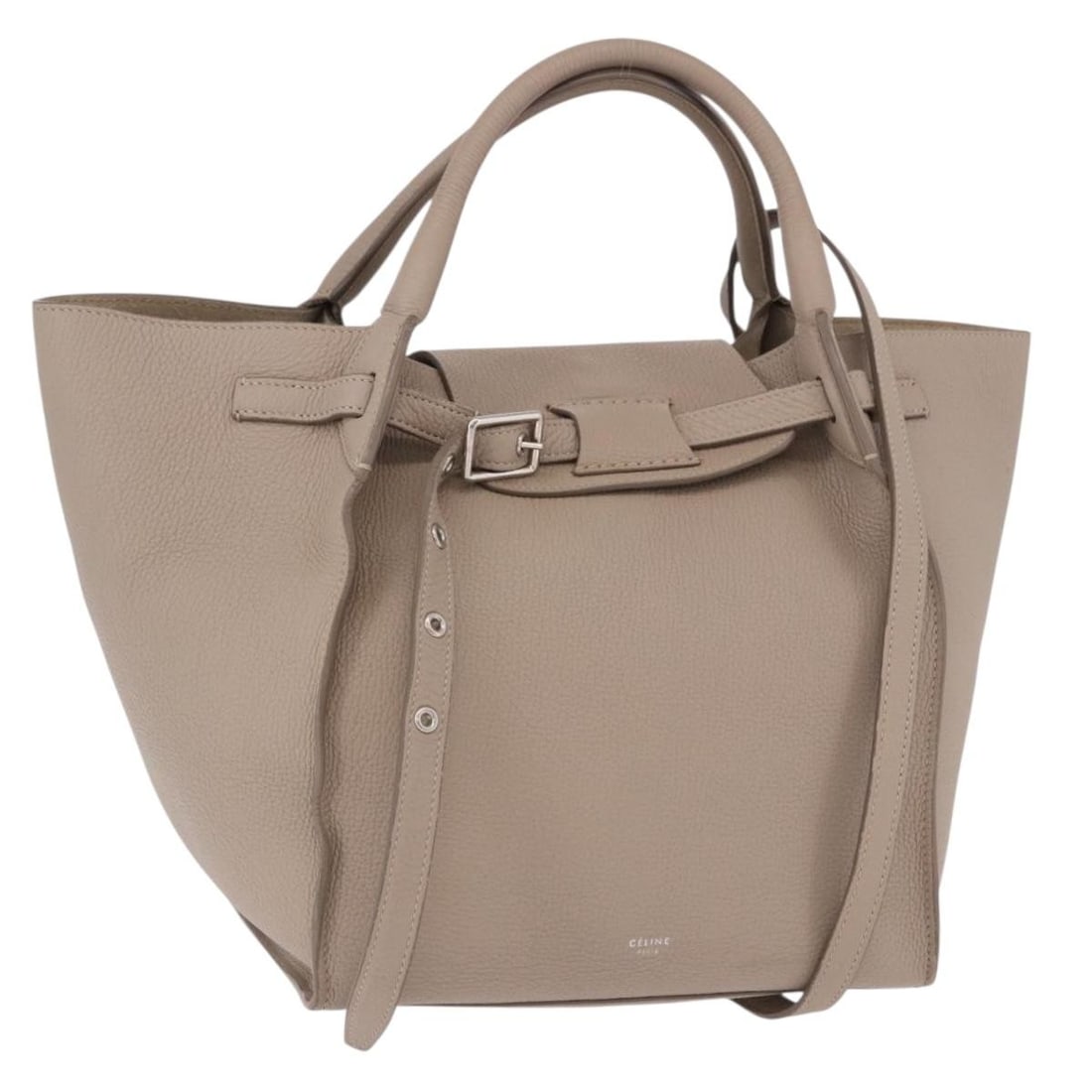 CELINE Big Bag Small Leather Handbag Gray Silver Tone Italy: CELINE Big Bag Small Leather Handbag Gray Silver Tone Italy A CELINE Big Bag small hand bag in gray/silver leather, made in Italy. This women's hand bag features a shoulder strap with an approximate d