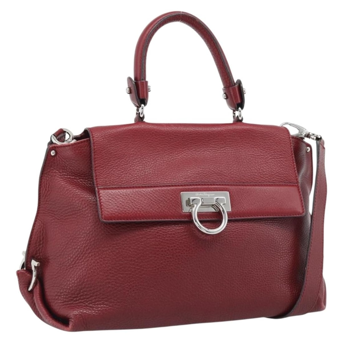 Salvatore Ferragamo Gancini 2way Leather Handbag Red Silver: Salvatore Ferragamo Gancini 2way Leather Handbag Red Silver Salvatore Ferragamo Gancini 2-way handbag in red leather with silver-tone accents. Designed for women, this Italian-made bag includes a shou