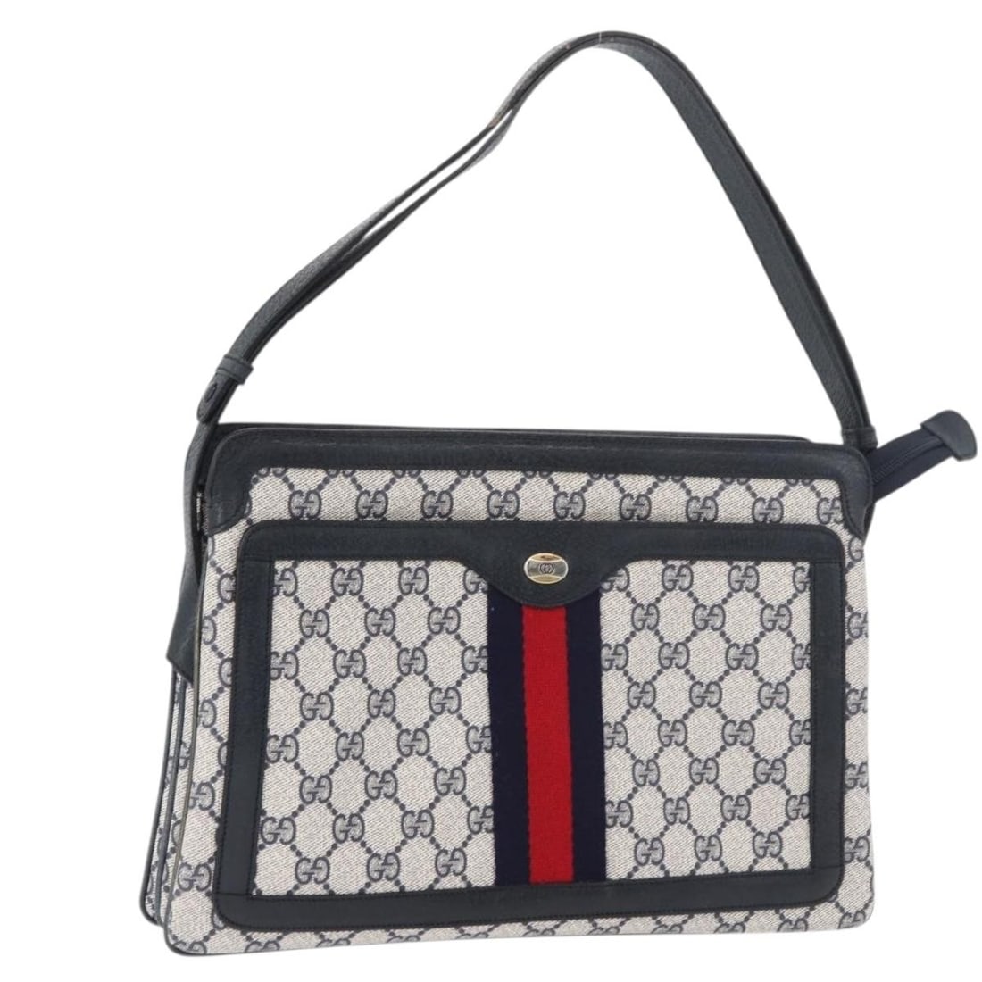 Gucci 904 02 013 GG Supreme Sherry Shoulder Bag Navy Gold PVC: Gucci 904 02 013 GG Supreme Sherry Shoulder Bag Navy Gold PVC Gucci GG Supreme Sherry Line shoulder bag in navy and gold, made in Italy. The bag is crafted from PVC leather and GG canvas, and the list