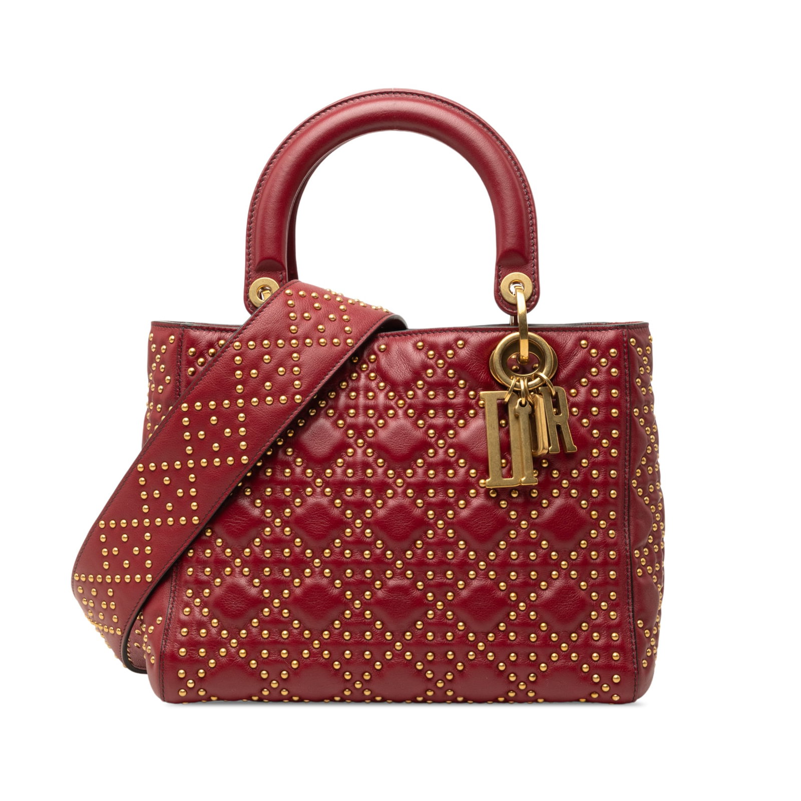 Dior Lady Dior Medium Red Lambskin Studded Satchel: Dior Lady Dior Medium Red Lambskin Studded Satchel A Dior Medium Lambskin Cannage Studded Supple Lady Dior satchel in red leather. This bag features studded detailing, flat handles, a detachable flat 