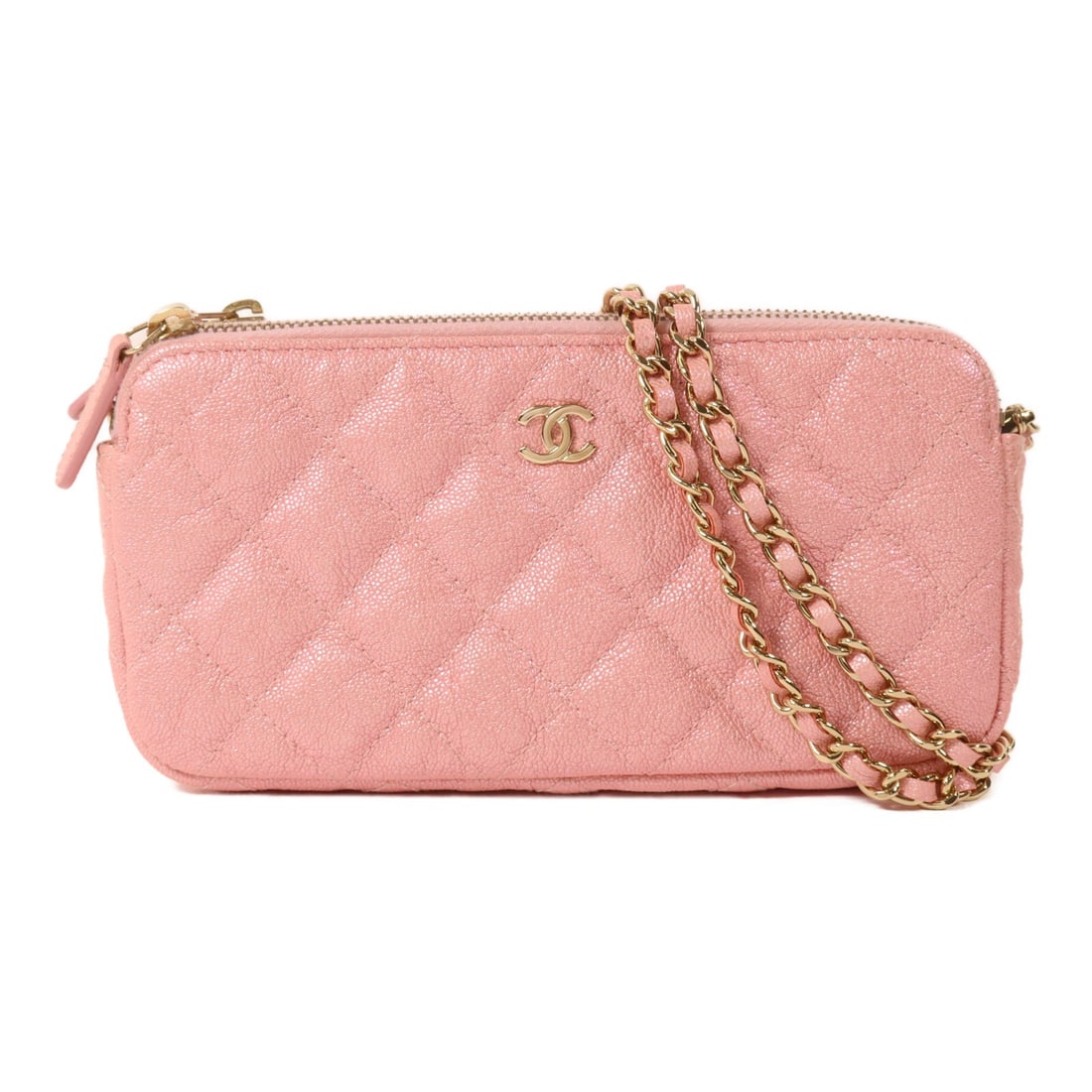 CHANEL CC Pink Calfskin Shoulder Bag with Gold Tone Chain: CHANEL CC Pink Calfskin Shoulder Bag with Gold Tone Chain A CHANEL shoulder bag in pink calfskin leather with a chain shoulder strap. It features an interior layout with one open pocket, two inside zi