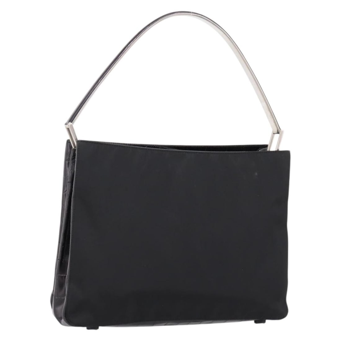 PRADA Black Nylon Tote Bag with Silver Tone Hardware: PRADA Black Nylon Tote Bag with Silver Tone Hardware Authentic Prada tote bag in black nylon with silver-tone accents. Made in Italy, this women's tote includes the guarantee card and shows reasonable