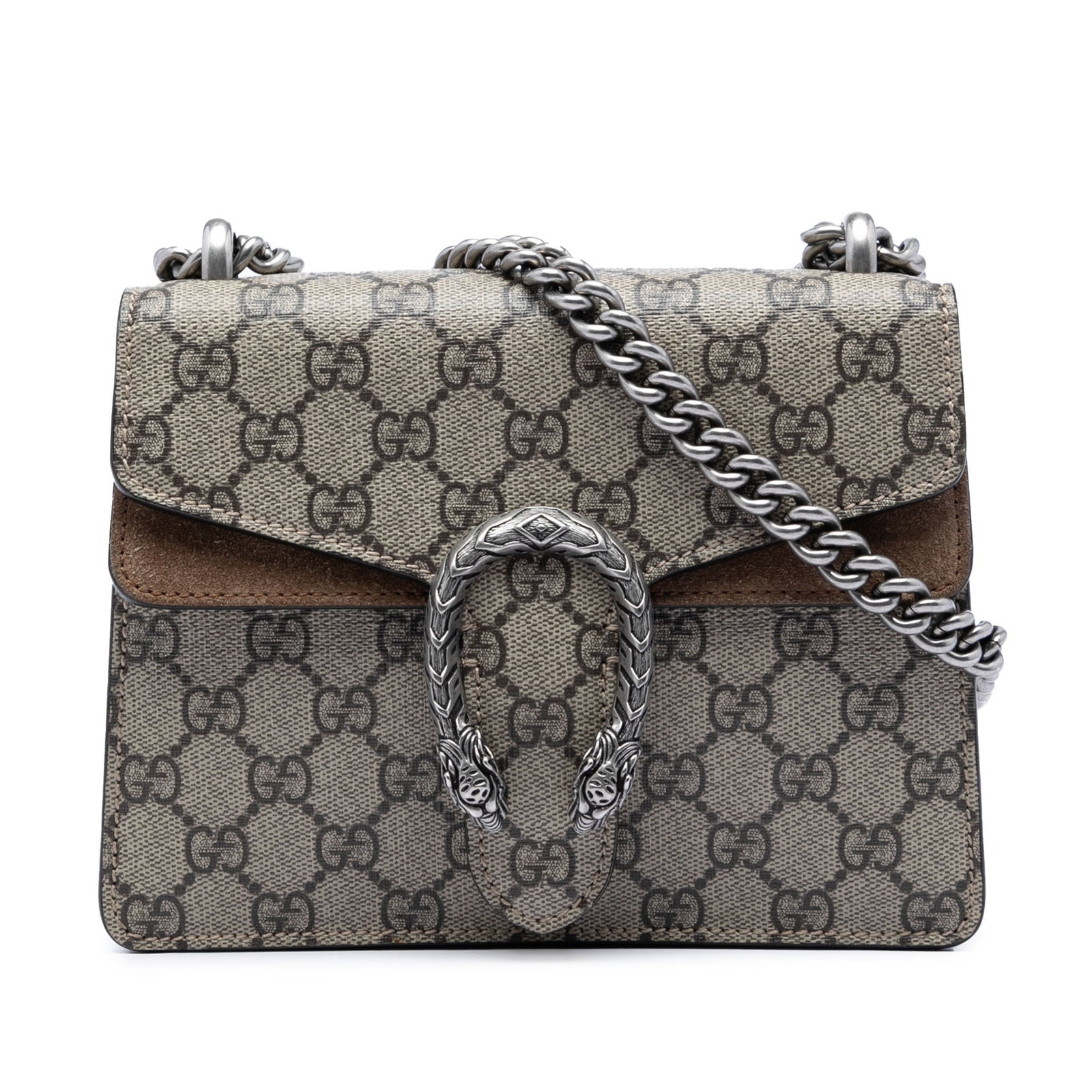 Gucci Dionysus Small GG Supreme Crossbody Bag Beige: Gucci Dionysus Small GG Supreme Crossbody Bag Beige Gucci Small GG Supreme Dionysus Crossbody bag with a coated canvas body, suede leather trim, silver-tone chain strap, and a top flap with magnetic s