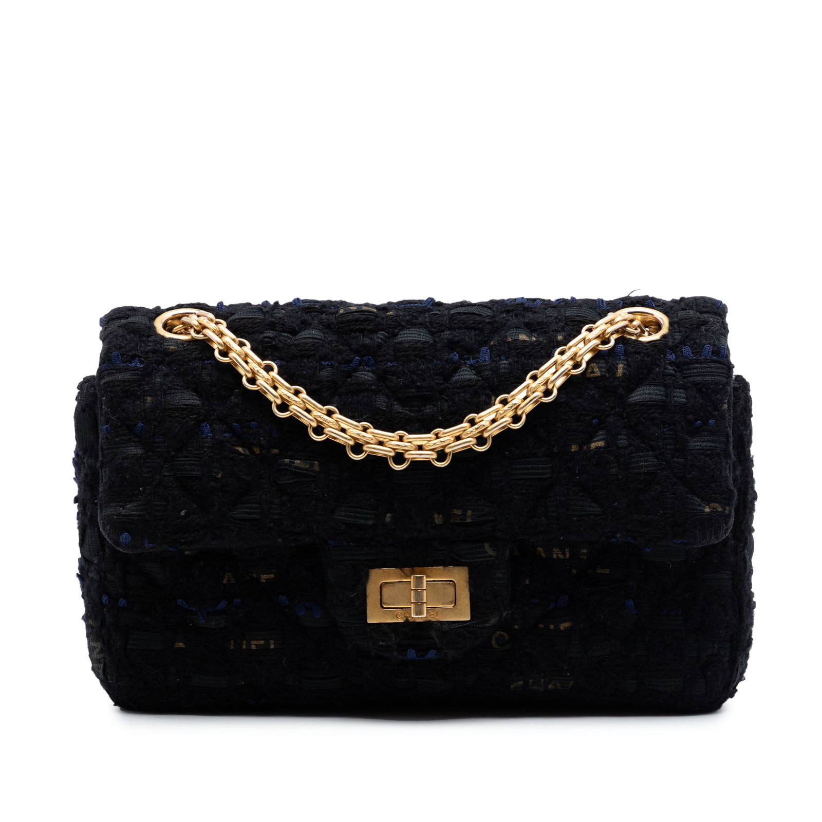 Chanel Reissue 2.55 224 Tweed Shoulder Bag with Turn Lock: Chanel Reissue 2.55 224 Tweed Shoulder Bag with Turn Lock Chanel Quilted Tweed Reissue 2.55 Single Flap 224 bag in black fabric, made in France. It features a quilted tweed body, chain link shoulder s
