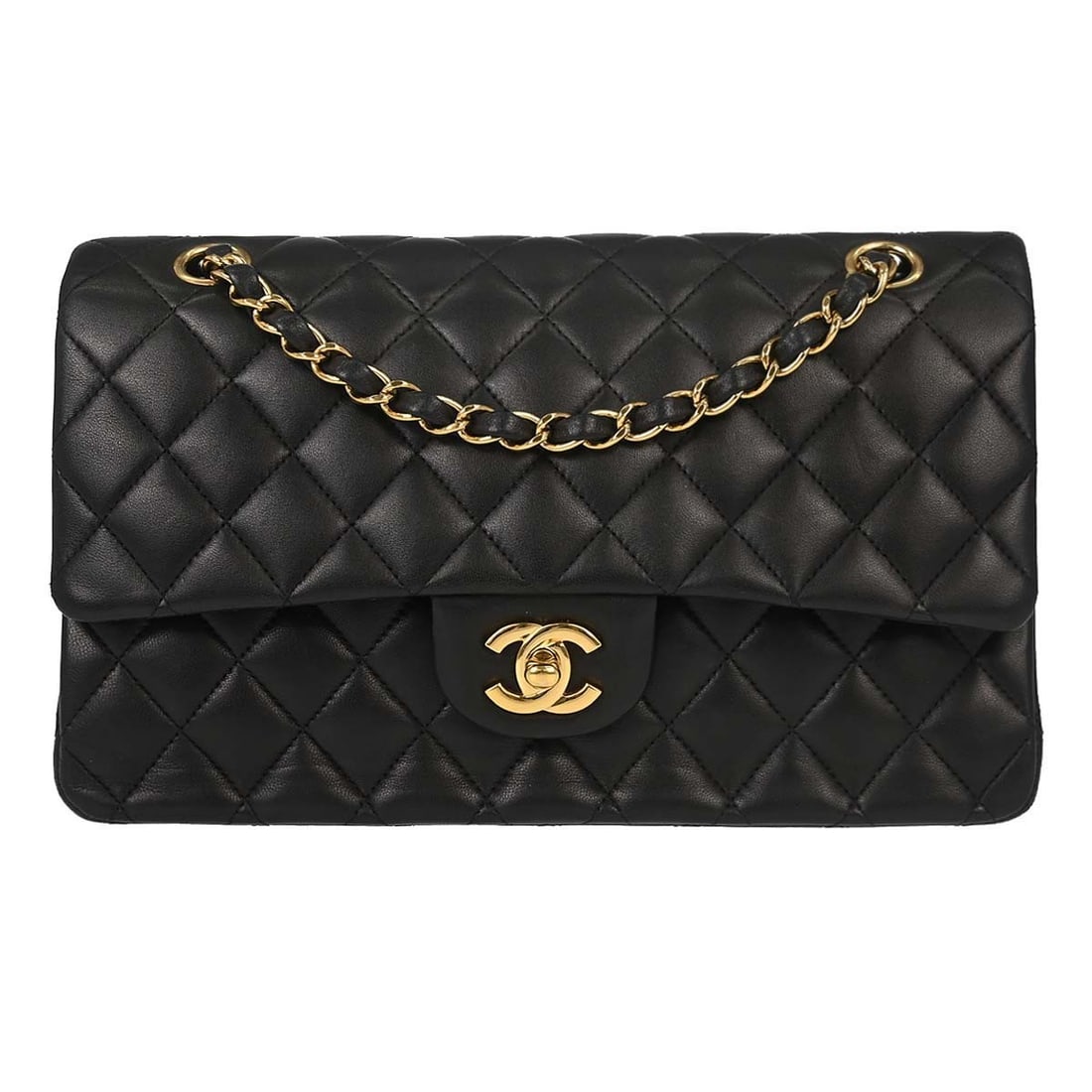 CHANEL Classic Double Flap Medium Shoulder Bag Black Lambskin: CHANEL Classic Double Flap Medium Shoulder Bag Black Lambskin Chanel Medium Classic Double Flap shoulder bag in black lambskin leather with a turn-lock closure and shoulder strap. This women's bag fea