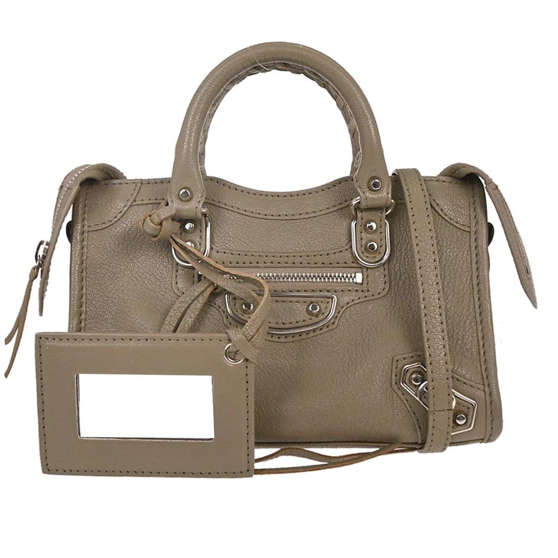 Balenciaga Classic Mini City Gray Leather Top Handle Bag: Balenciaga Classic Mini City Gray Leather Top Handle Bag Vintage Balenciaga Metallic Edge Classic Mini City top handle bag in gray leather. This women's mini bag features logo accents, an exterior zip