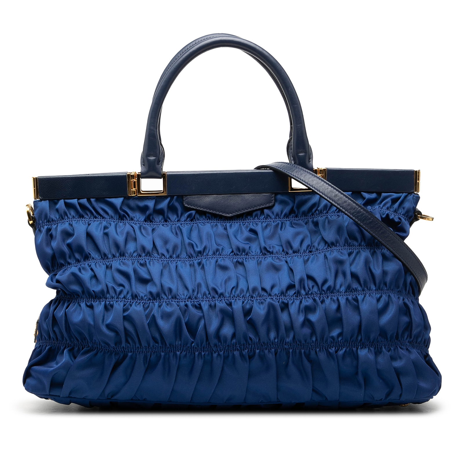 Prada Tessuto Gaufre Blue Nylon Frame Satchel Bag: Prada Tessuto Gaufre Blue Nylon Frame Satchel Bag Prada Tessuto Gaufre Frame Satchel in blue with a gathered nylon body, rolled leather handles, and a detachable, adjustable flat leather strap. The ba