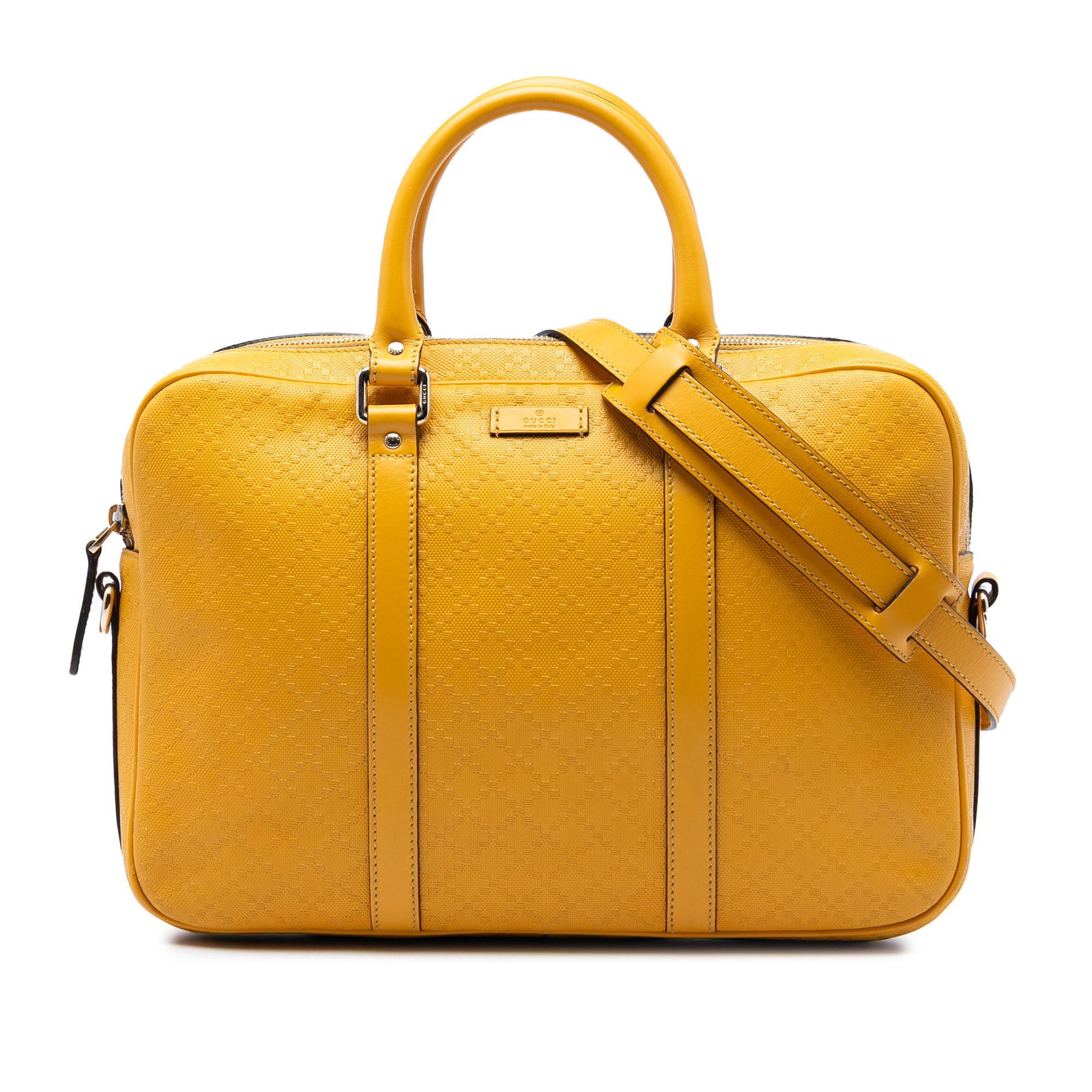 Gucci yellow leather business bag Medium Diamante with strap: Gucci yellow leather business bag Medium Diamante with strap Gucci Medium Diamante Bright Leather Business Bag in yellow leather with rolled handles, a detachable and adjustable flat leather strap, to