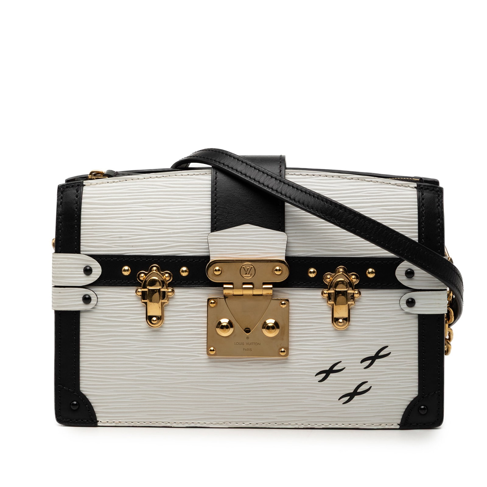 Louis Vuitton Epi Leather Trunk Clutch Bag White: Louis Vuitton Epi Leather Trunk Clutch Bag White Louis Vuitton Epi Trunk Clutch in white leather with a structured design. It features an adjustable and detachable chain link and leather shoulder stra