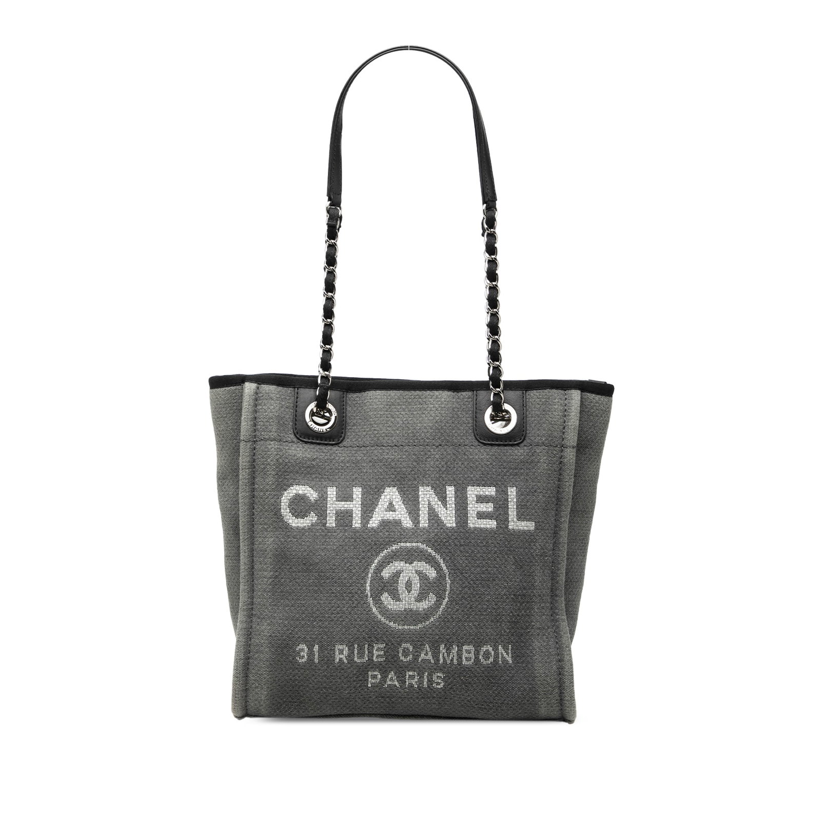 Chanel Deauville Mini Tote Gray Canvas Chain Strap Bag: Chanel Deauville Mini Tote Gray Canvas Chain Strap Bag This Chanel Mini Deauville tote is crafted with a canvas body and fabric woven chain link straps. The bag features an open top with a magnetic sn