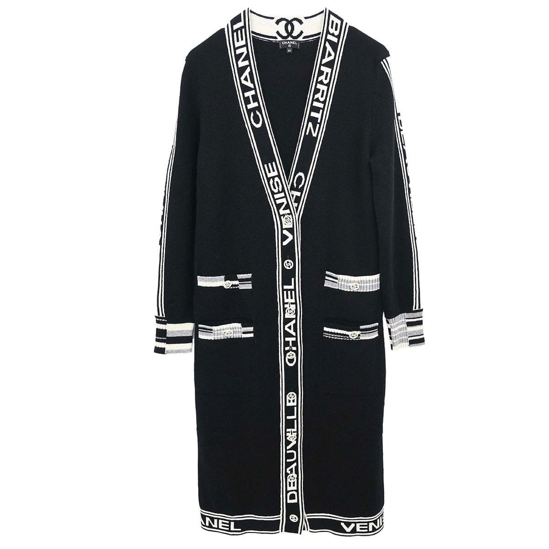 Chanel P61036K46366 Black Cashmere Knit Cardigan Size 34: Chanel P61036K46366 Black Cashmere Knit Cardigan Size 34 Vintage Chanel long cardigan in black knit cashmere with a button-front design and four exterior pockets. This women's cardigan is made in the 
