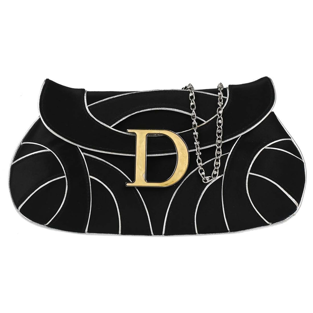 Dior Limited Edition black satin shoulder bag with crystal chain D flap: Dior Limited Edition black satin shoulder bag with crystal chain D flap Christian Dior limited edition flap shoulder bag in black satin with a crystal Chain D design. This women's shoulder bag is made