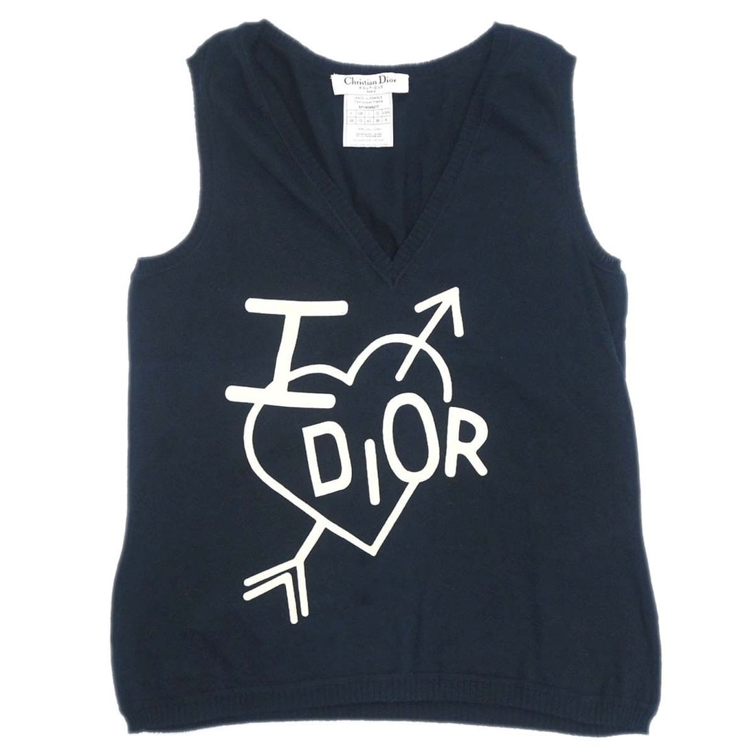 Dior Heart and Arrow Navy Cotton V Neck Tank Top FR 38: Dior Heart and Arrow Navy Cotton V Neck Tank Top FR 38 Christian Dior sleeveless tank top in navy cotton with a V-neck, regular fit, and logo accent. Made in France, this women's casual top is styled 