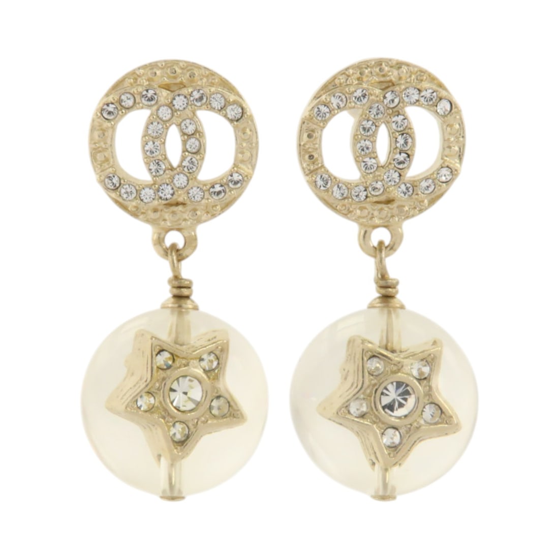 CHANEL A19K CC Clear PVC and Gold Tone Pierced Earrings: CHANEL A19K CC Clear PVC and Gold Tone Pierced Earrings CHANEL CC pierced earrings in clear PVC and metal with a gold-tone look. These women's earrings feature the iconic CC motif and are marked A19K.