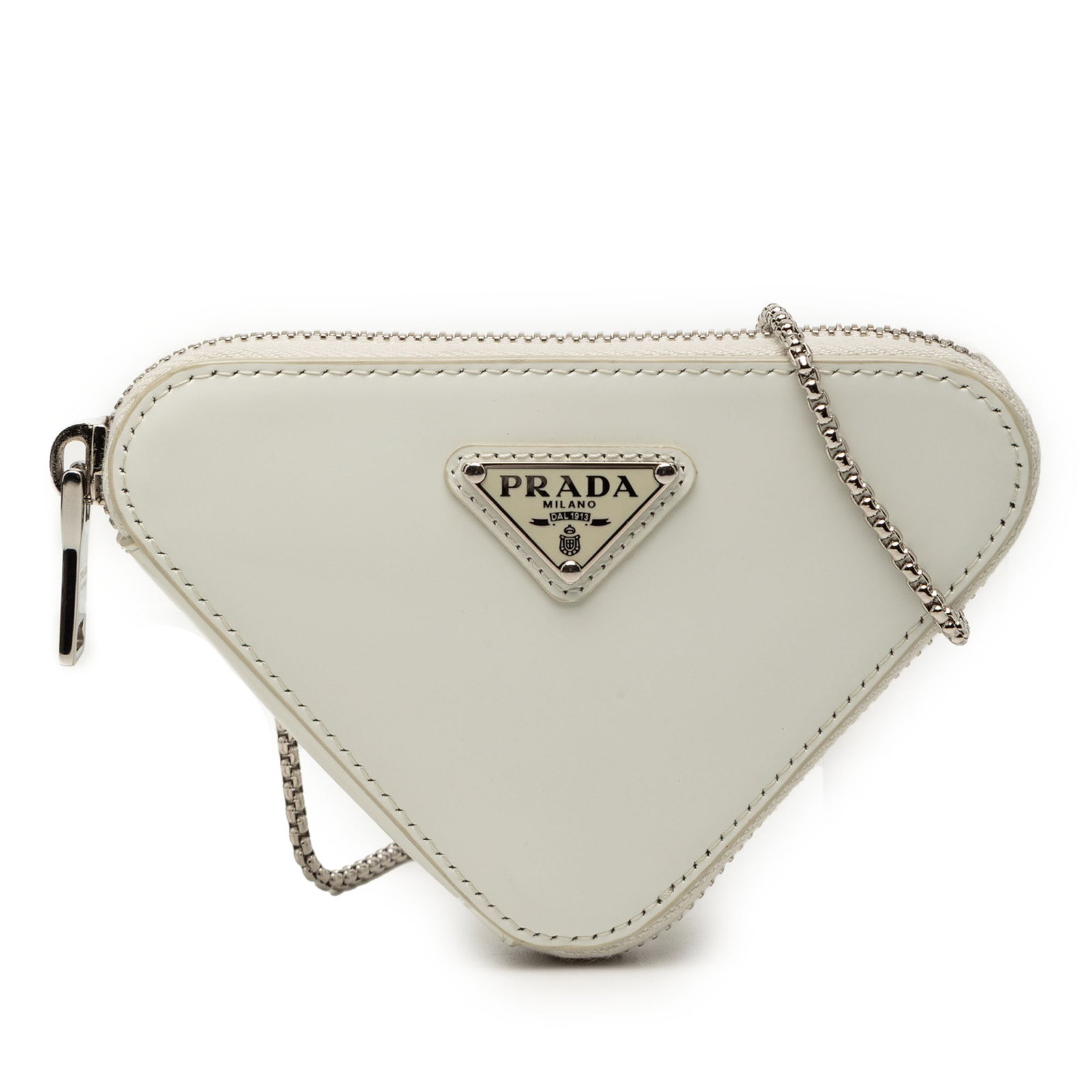 White Prada Mini Triangle Leather Crossbody Bag with Chain Strap: White Prada Mini Triangle Leather Crossbody Bag with Chain Strap This Prada Mini Brushed Leather Triangle Chain Pouch features a white leather body with a distinctive triangle shape, complemented by