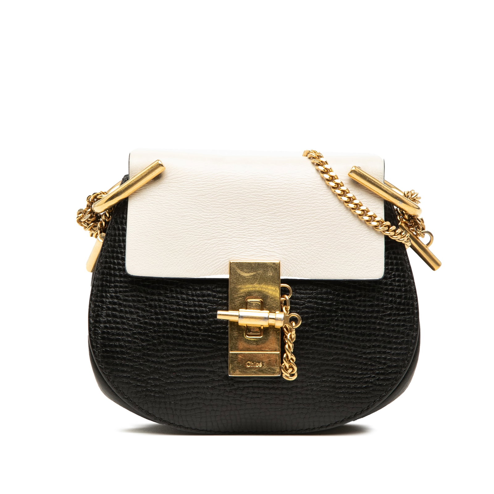 Chloe Drew Mini Crossbody Bag in Bicolor Grained Calfskin: Chloe Drew Mini Crossbody Bag in Bicolor Grained Calfskin Chloe Mini Bicolor Grained Calfskin Drew Crossbody crafted with a leather body, chain link shoulder strap, front flap with pin-lock closure,