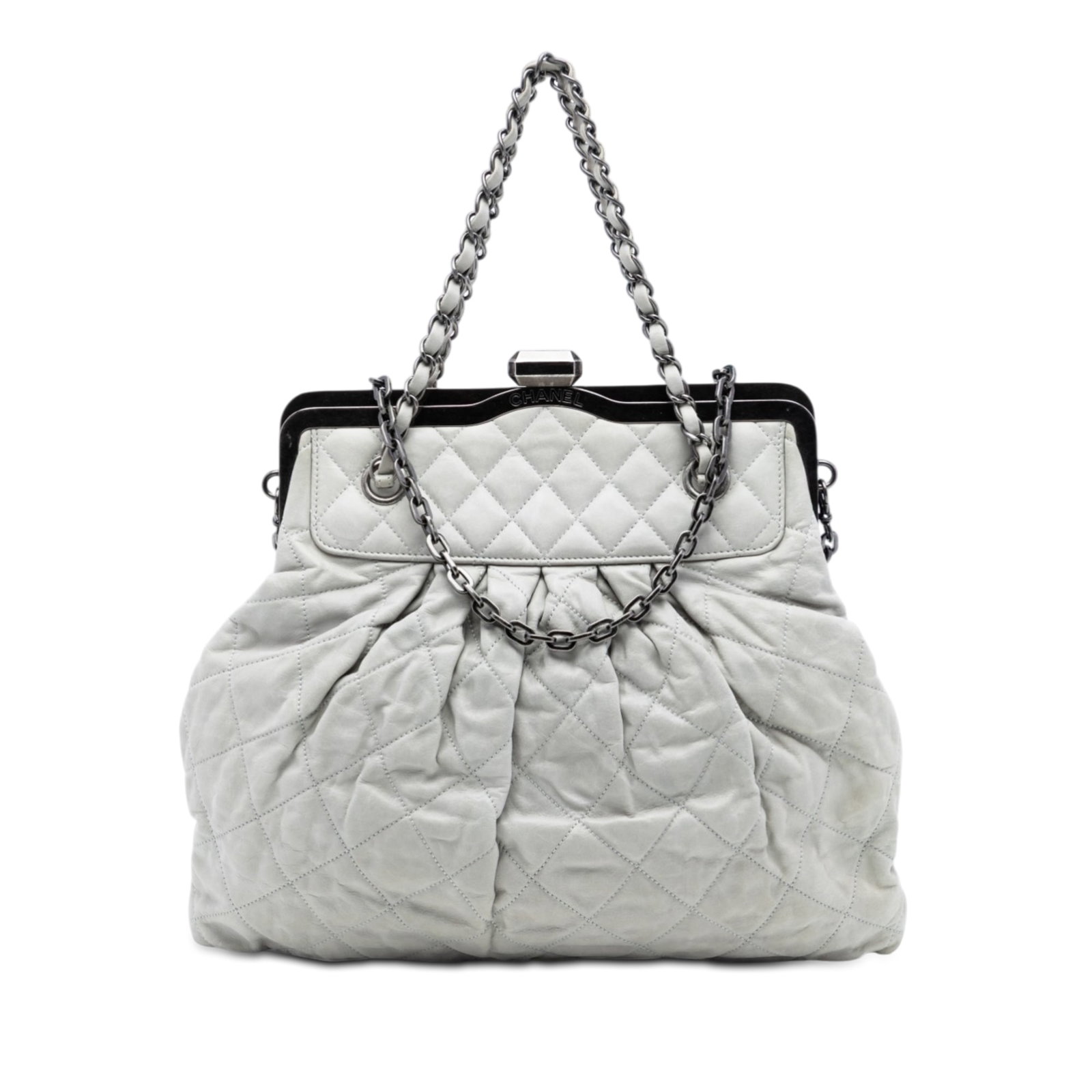 Chic Quilt Frame Satchel by Chanel in Iridescent Calf Leather: Chic Quilt Frame Satchel by Chanel in Iridescent Calf Leather This Chanel Iridescent Calfskin Chic Quilt Frame Satchel features a quilted iridescent calf leather body, leather-woven chain handles, and