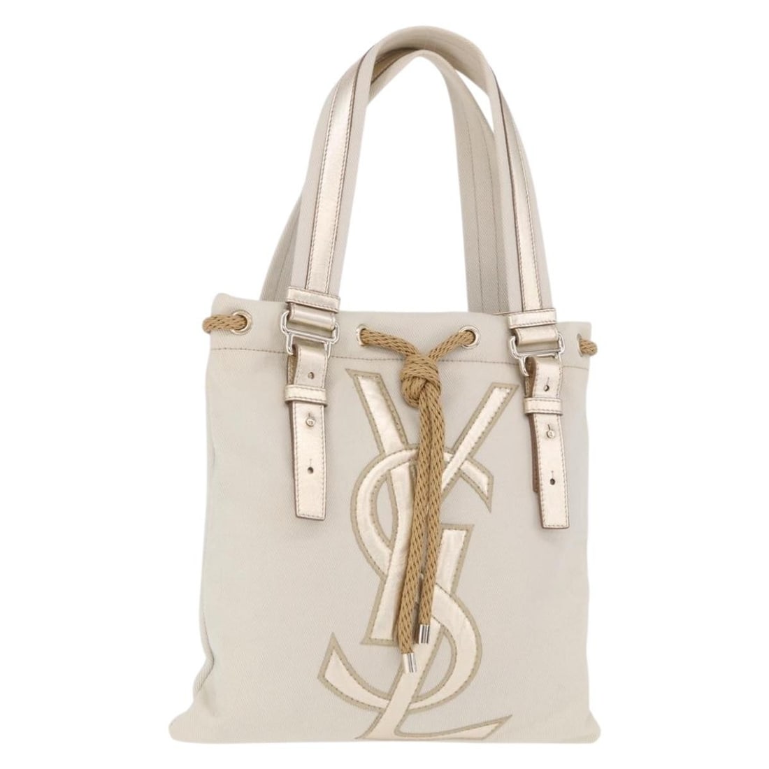 Saint Laurent 123435 Canvas Tote in Ivory Gold with Dust Bag: Saint Laurent 123435 Canvas Tote in Ivory Gold with Dust Bag Saint Laurent Kahala tote bag in ivory and gold canvas. This women's tote includes a dust bag and is made in Italy. Condition is AB/very go