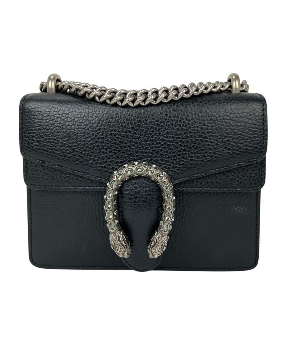 Gucci Dionysus Small Black Leather Shoulder Bag with Crystal Accents: Gucci Dionysus Small Black Leather Shoulder Bag with Crystal Accents Pre-owned Gucci Dionysus small shoulder bag in black pebbled leather with crystal accents and a silver-tone chain shoulder strap. T