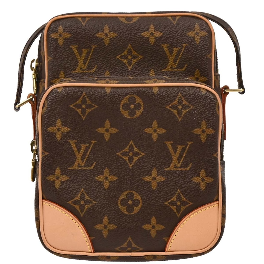 Louis Vuitton Amazone Monogram Canvas Crossbody Purse M45236: Louis Vuitton Amazone Monogram Canvas Crossbody Purse M45236 Vintage Louis Vuitton Amazon crossbody bag in brown Monogram canvas with leather trim and a zip closure. This medium unisex bag features a 