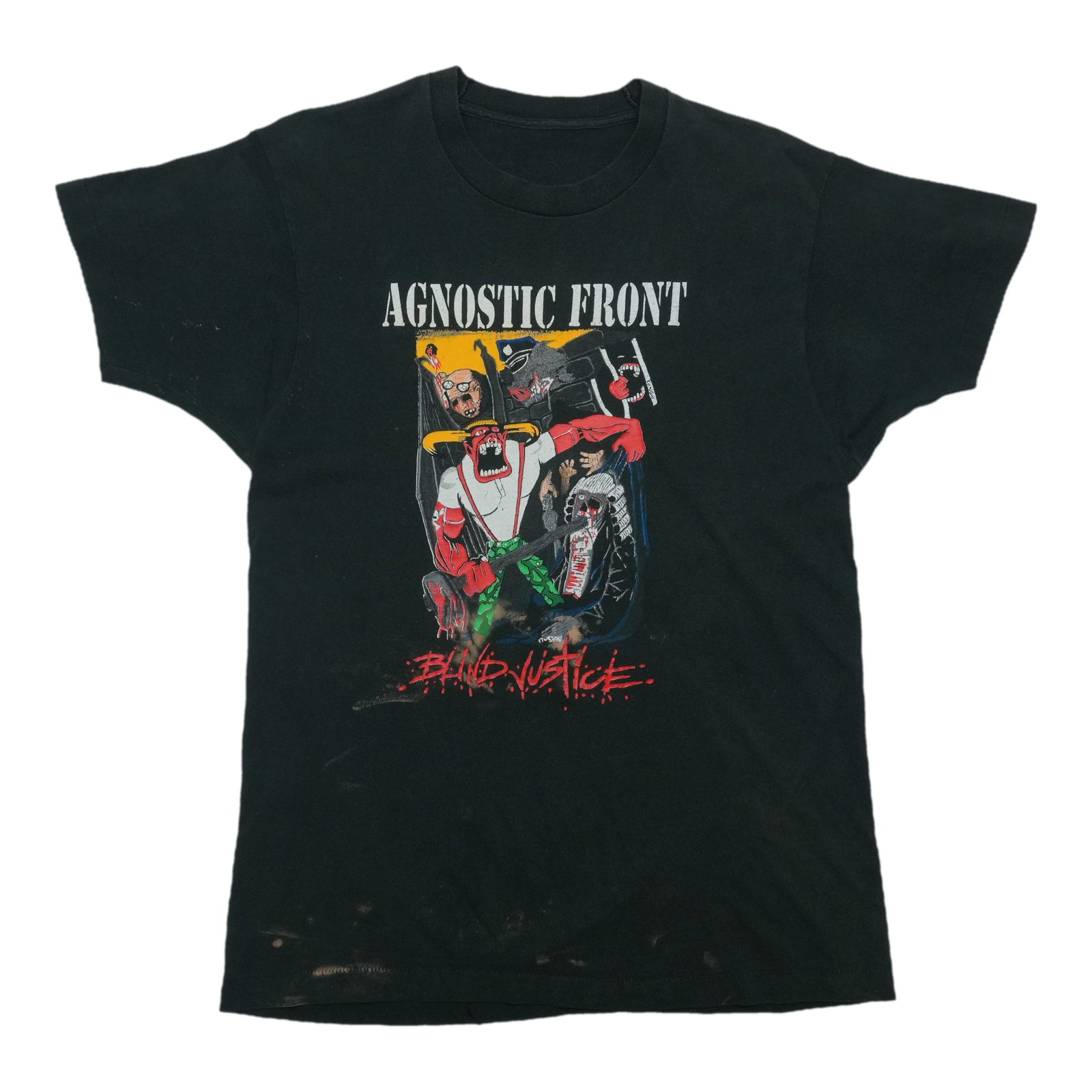 Black 1990 Agnostic Front Tour T Shirt Blind Justice: Black 1990 Agnostic Front Tour T Shirt Blind Justice Original vintage 1990 Agnostic Front Blind Justice No Justice Just Us tour shirt with front and back graphics. This is a true vintage piece, not a 