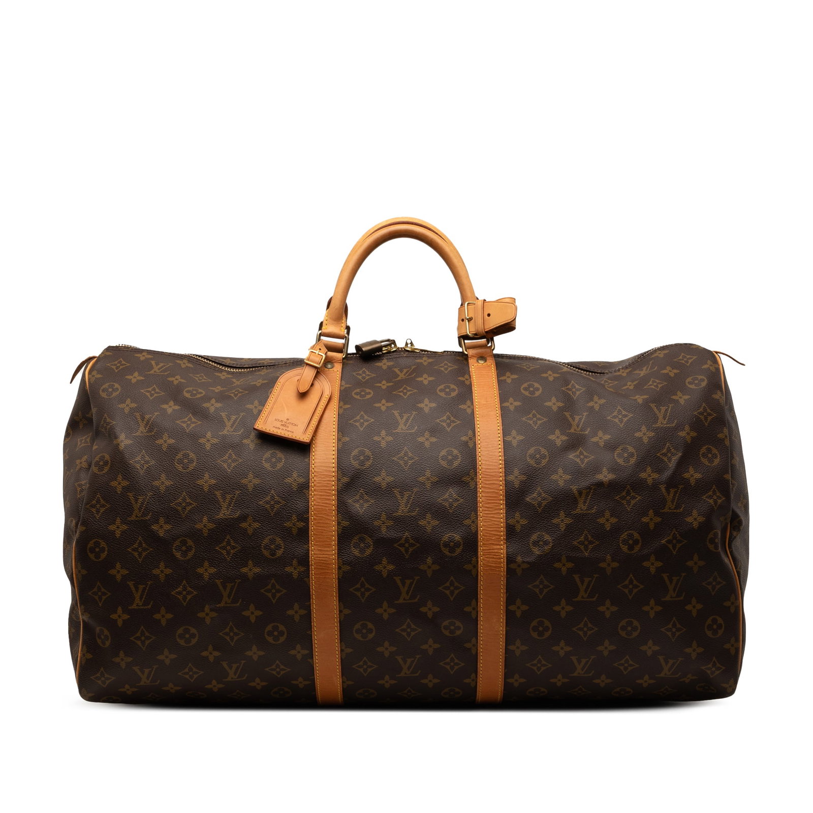 Louis Vuitton Keepall 60 Monogram Canvas Travel Bag with Leather Handles: Louis Vuitton Keepall 60 Monogram Canvas Travel Bag with Leather Handles The Louis Vuitton Monogram Keepall 60 is a spacious travel bag featuring the iconic monogram canvas exterior, rolled vachetta l