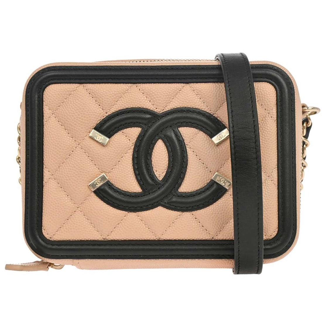 CHANEL Filigree Vanity Shoulder Bag Beige Leather Chain Strap: CHANEL Filigree Vanity Shoulder Bag Beige Leather Chain Strap A Chanel shoulder bag in beige calfskin with a square silhouette and quilted accents. It features a zip closure, gold-tone hardware, a sho