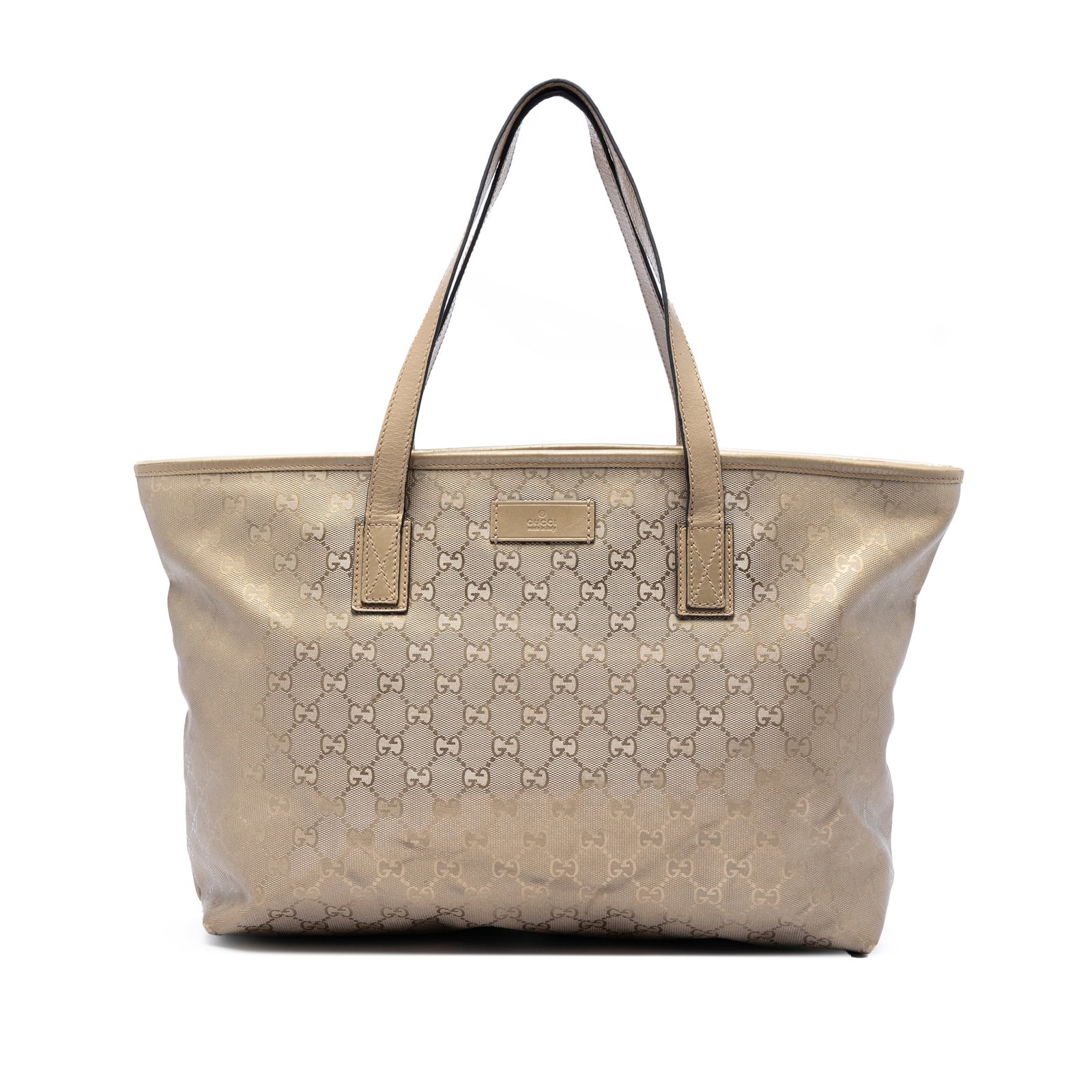 Gucci GG Imprime Medium Tote Bag Gold Coated Canvas: Gucci GG Imprime Medium Tote Bag Gold Coated Canvas Gucci Medium GG Imprime Tote in gold fabric with a coated canvas body, flat leather straps, top zip closure, and interior slip and zip pockets. Made
