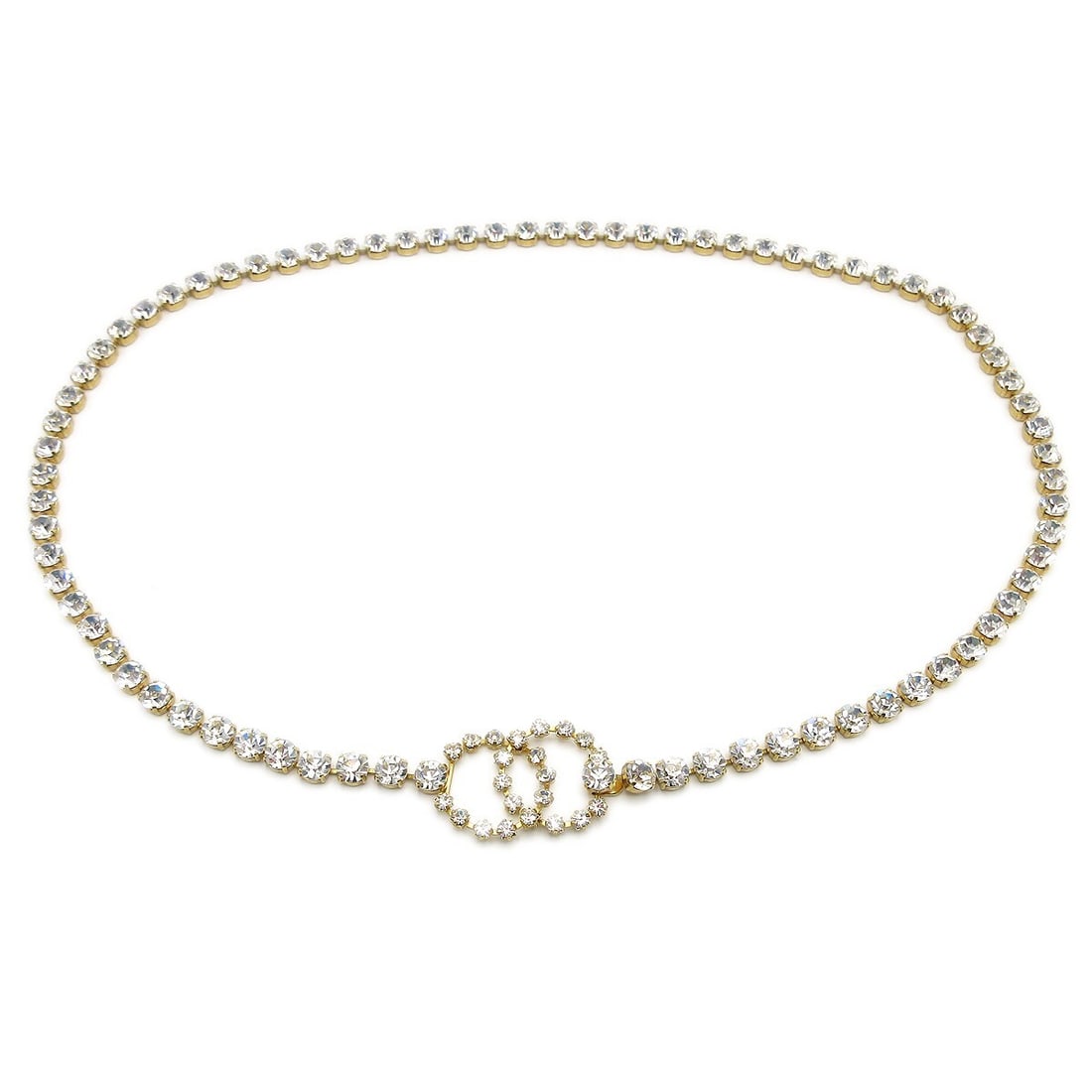 Chanel 95P CC chain belt gold tone rhinestone: Chanel 95P CC chain belt gold tone rhinestone Women's Chanel chain belt in a gold-tone finish with rhinestone accents. It is adjustable and reflects a 90s style theme. Made in France. Specifications B