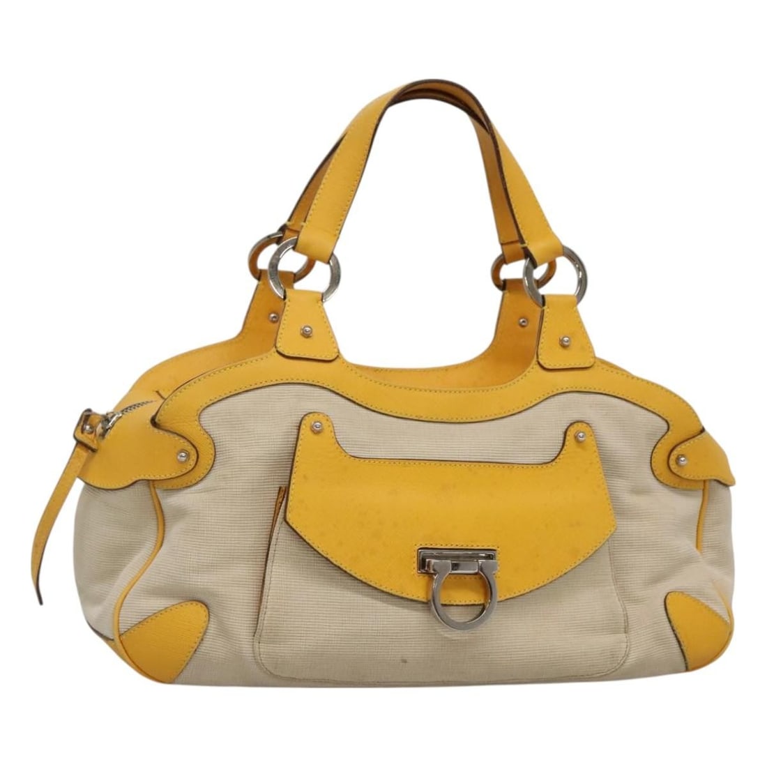 Salvatore Ferragamo Gancini Canvas and Leather Shoulder Bag Yellow: Salvatore Ferragamo Gancini Canvas and Leather Shoulder Bag Yellow This Salvatore Ferragamo Gancini handbag features a yellow canvas body complemented by leather accents. Designed for women, it offers