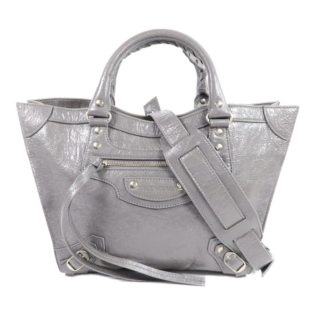 BALENCIAGA Neo Classic M 702502 2way Shoulder Bag Gray Calfskin: BALENCIAGA Neo Classic M 702502 2way Shoulder Bag Gray Calfskin Balenciaga Neo Classic M Upside Down 2-way shoulder bag in gray calfskin leather. This women's bag features a structured design with top