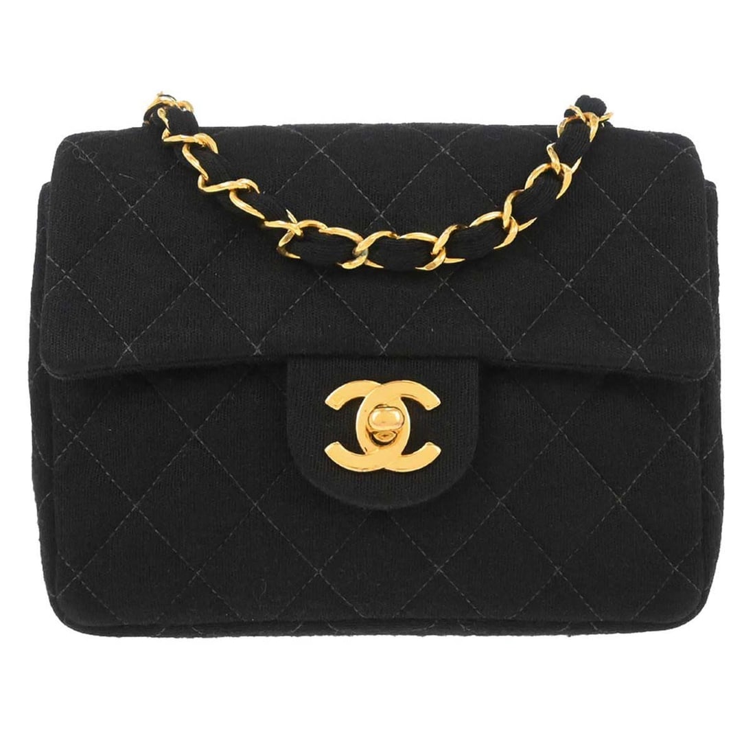 Chanel Classic Flap Mini Square Black Cotton Shoulder Bag: Chanel Classic Flap Mini Square Black Cotton Shoulder Bag Chanel Classic Flap Mini Square shoulder bag in black cotton with a matelasse quilted exterior and leather lining. This small shoulder bag fea