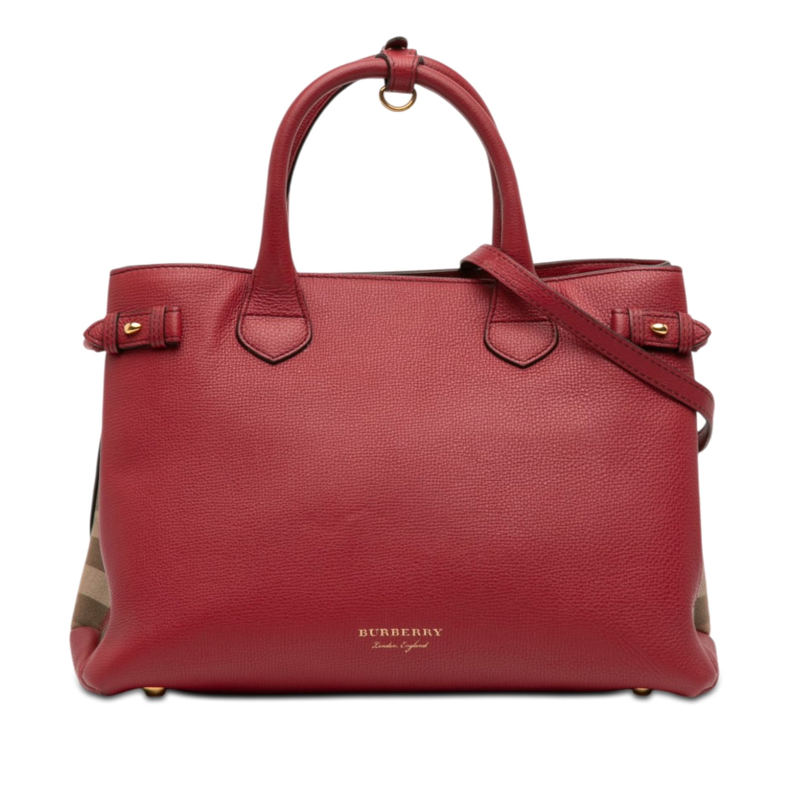 Burberry Banner Medium Satchel Red Leather House Check: Burberry Banner Medium Satchel Red Leather House Check Burberry Medium Leather and House Check Banner Satchel in red leather with rolled handles and a detachable, adjustable flat leather strap. The ba