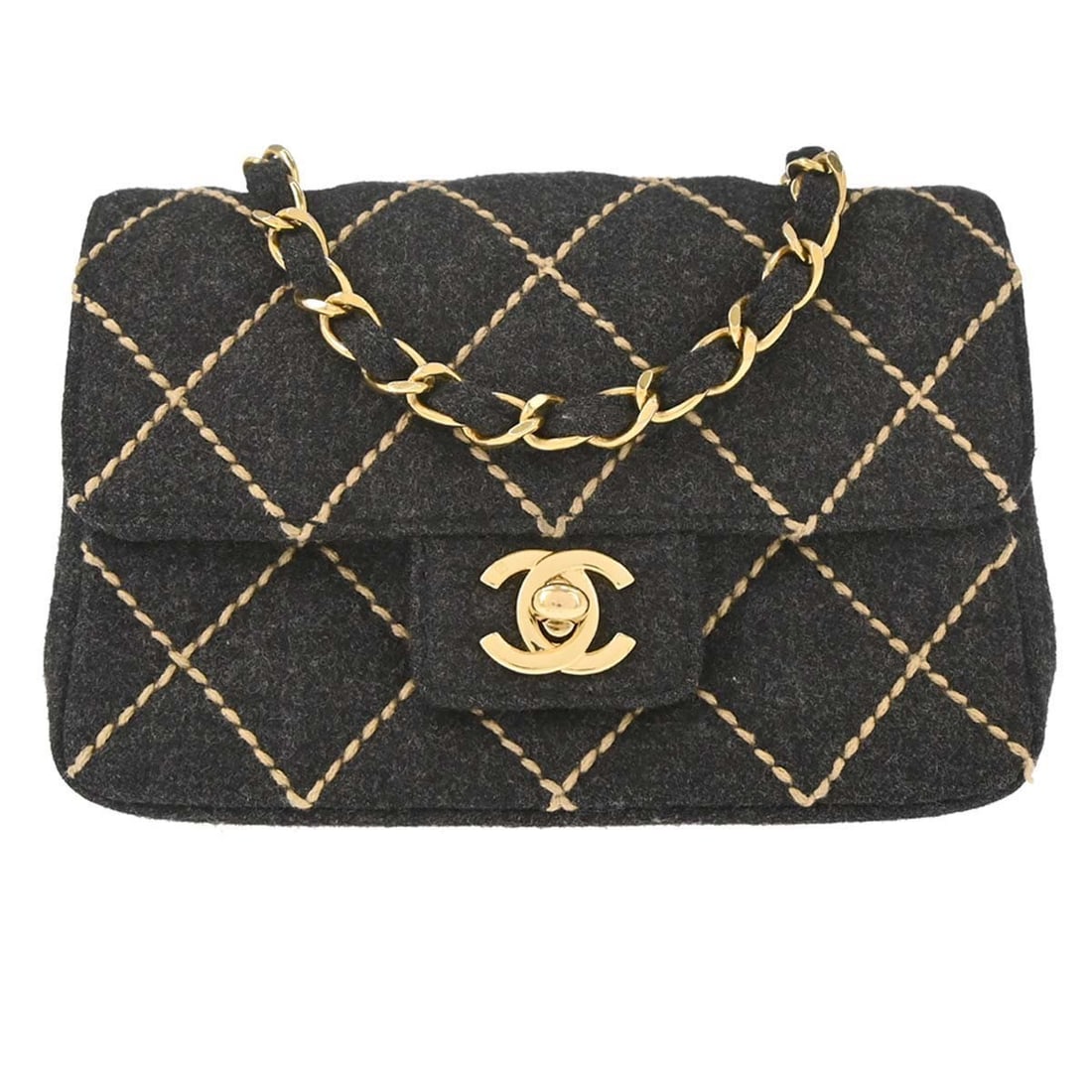 CHANEL Classic Flap Mini Square Gray Wool Chain Shoulder Bag: CHANEL Classic Flap Mini Square Gray Wool Chain Shoulder Bag Chanel Mini Classic Square Flap shoulder bag in gray wool with matelasse quilting and a flap turnlock closure. This small women's shoulder 