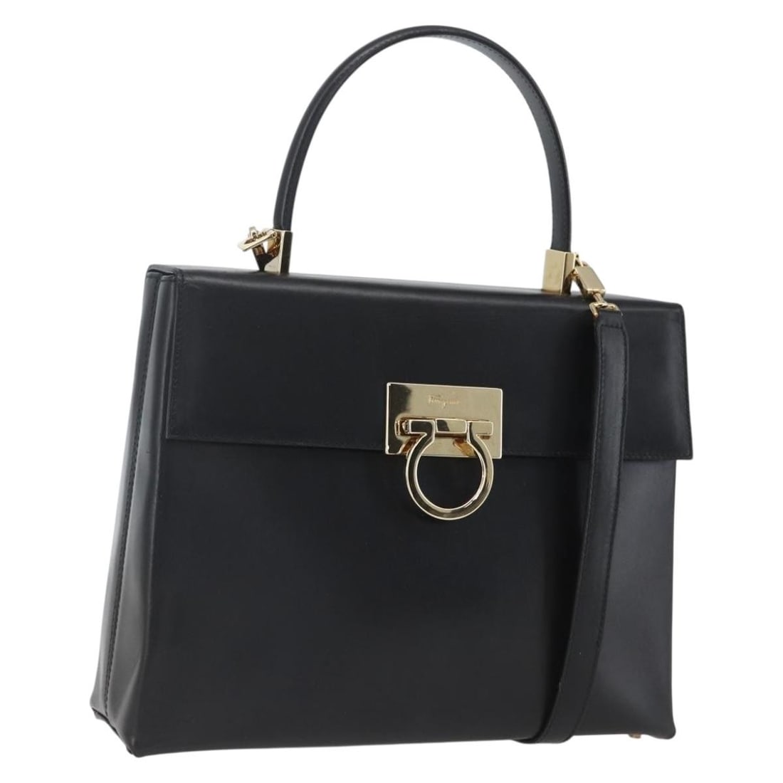 Salvatore Ferragamo Gancini Black Leather Convertible Handbag with Gold Accents: Salvatore Ferragamo Gancini Black Leather Convertible Handbag with Gold Accents This Salvatore Ferragamo Gancini handbag features a 2-way design crafted from black leather with gold-tone accents. Desi